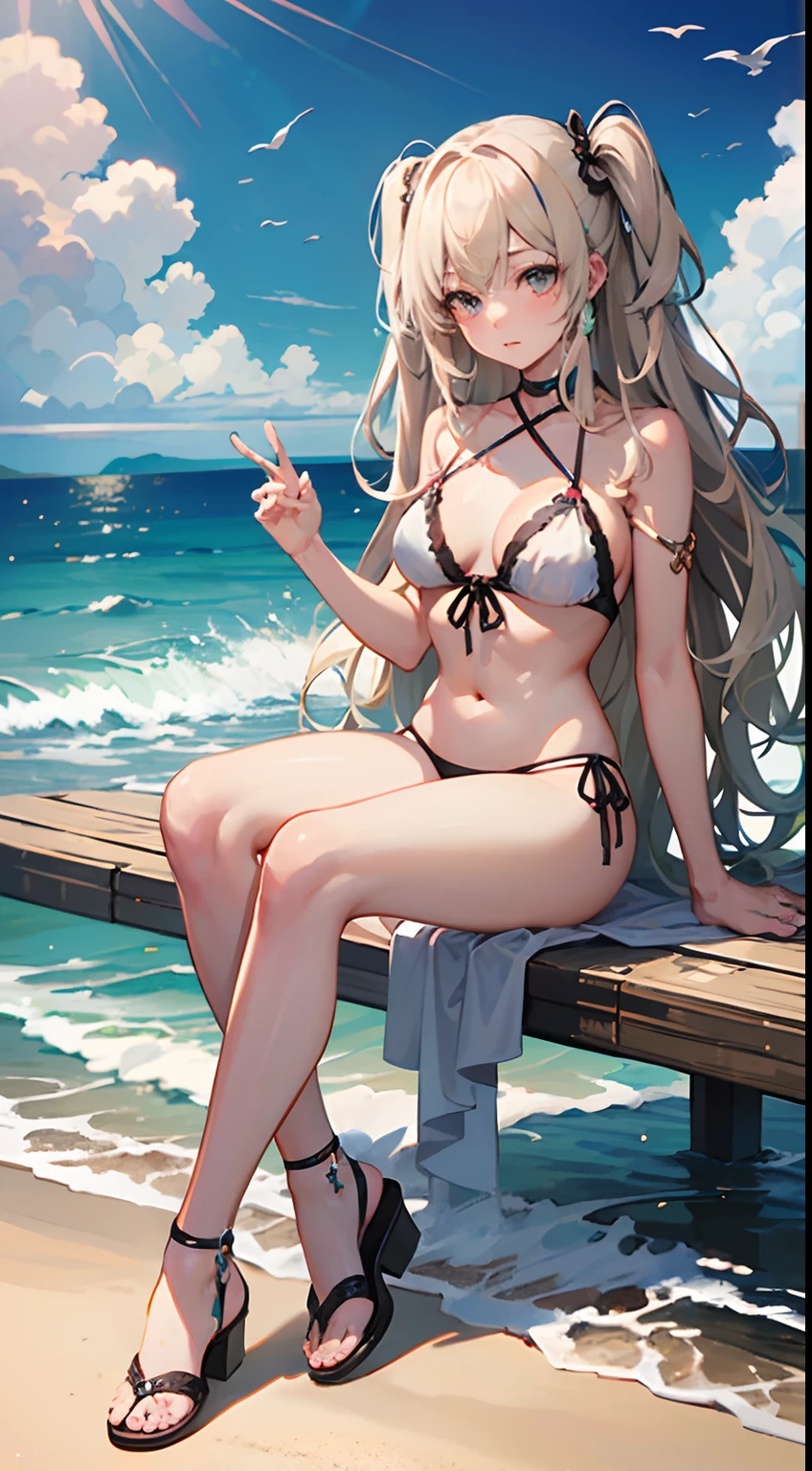 ((Best Quality)), (Ultra-detailed), ((Extremely detailed)), (Beautiful), ((Kawaii Girl)),(two side up hair).,Platinum Blonde Hair,Long hair, hair between eye, Wavy Hair, Long sideburns,Jade-colored eyes, White skin,Normal Chest,Slender body,Cross Halter Bikini,Sandals,Sitting,in beach,Look Camera
