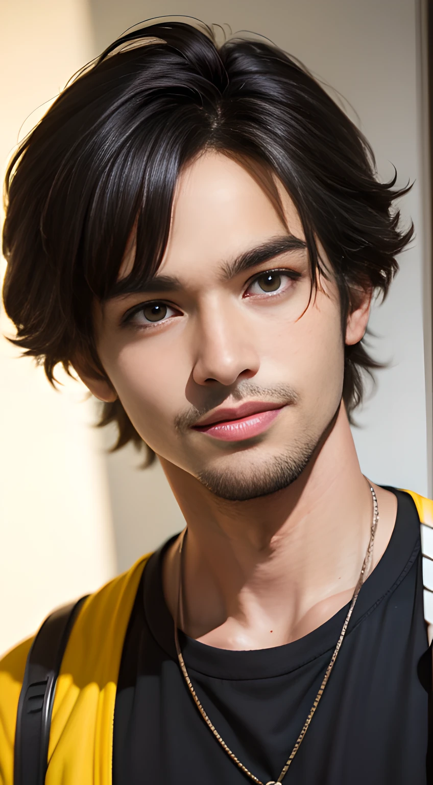 ((Men only)), (head shot), (tanned black handsome muscular young man in his 20s), (wearing a yellow outfit), (Marlon Teixeira), yellow hair, Mischievous smile, (detaile: 1 in 1), Natural muscles, HIG quality, beautidful eyes, (Detailed face and eyes), (Face、: 1 / 2), Noise, Real Photographics、... ................................................................................................................PSD, Sharp Focus, High resolution 8K, realisitic & Professional Photography, 8K UHD, Soft lighting, High quality, Film grain, FujifilmXT3