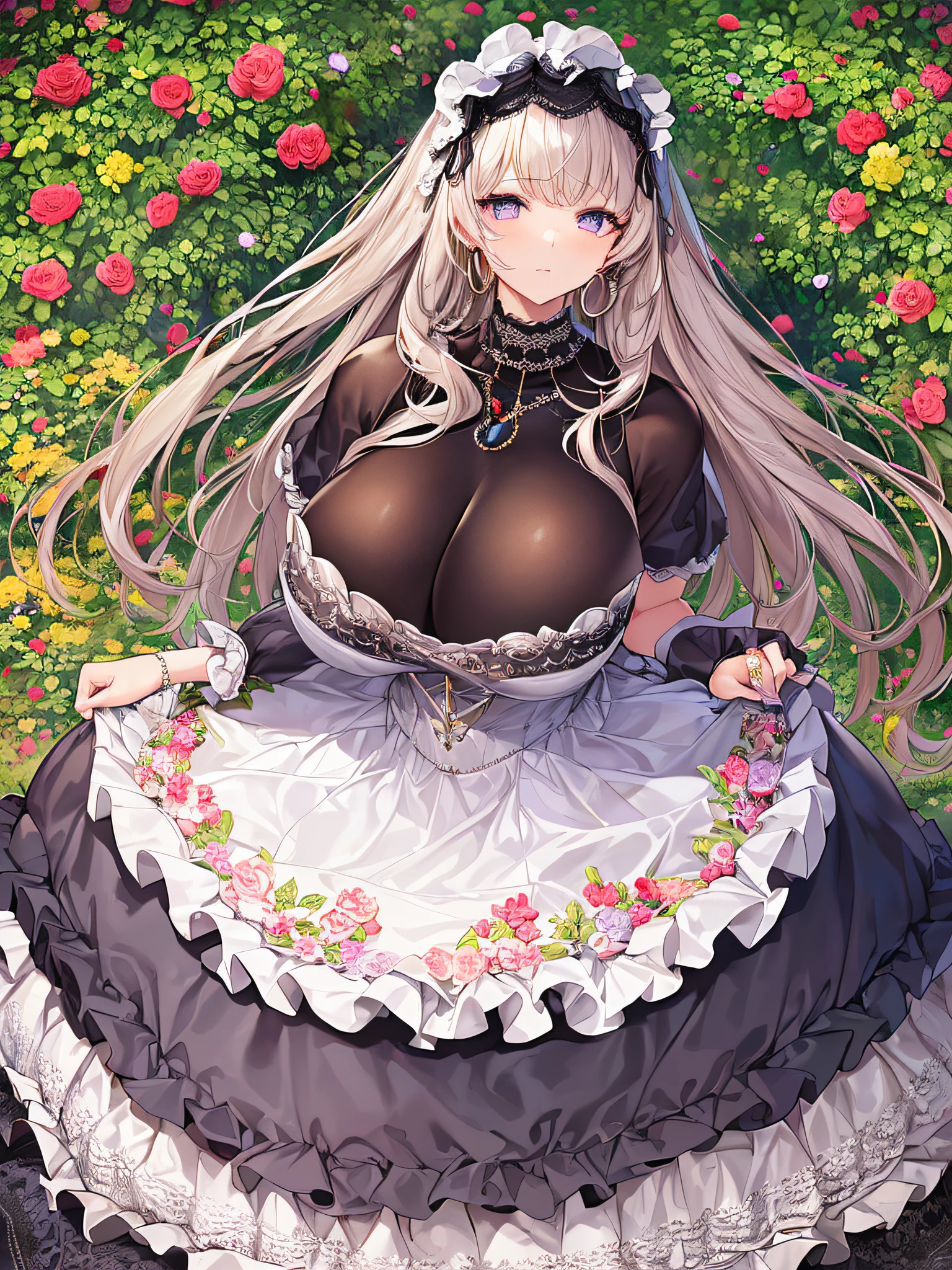 ((anime artstyle)),(Masterpiece),(Best Quality), (Super Detail),((Very Delicate and Beautiful)),(((Solo))),((full body)),(((1 princess in gorgeous ta dress with voluminous full length hoop skirt))),ornate ruffles,beautiful embroidery,((standing in garden)),Long train,(bling-bling gorgeous gemstone jewelry),detailed face and eyes,jewel-like eyes,cry,((large amount of straight hair,extremely voluminous Very Long Straight Hair)),((gigantic tits,Long tits)),cleavage,(gorgeousfull embroidery and lace),gorgeous corsage,See-through,(extremely gorgeousfull loliair ornament)),bling-bling extremely gorgeousfull jeweled tiara,(hoop skirt,crinoline),flowers, flower petals flowing,((Dynamic Angle)),Looking at viewer,((full body)),((extremely gorgeous  lolita d with voluminous full length hoop skirt))