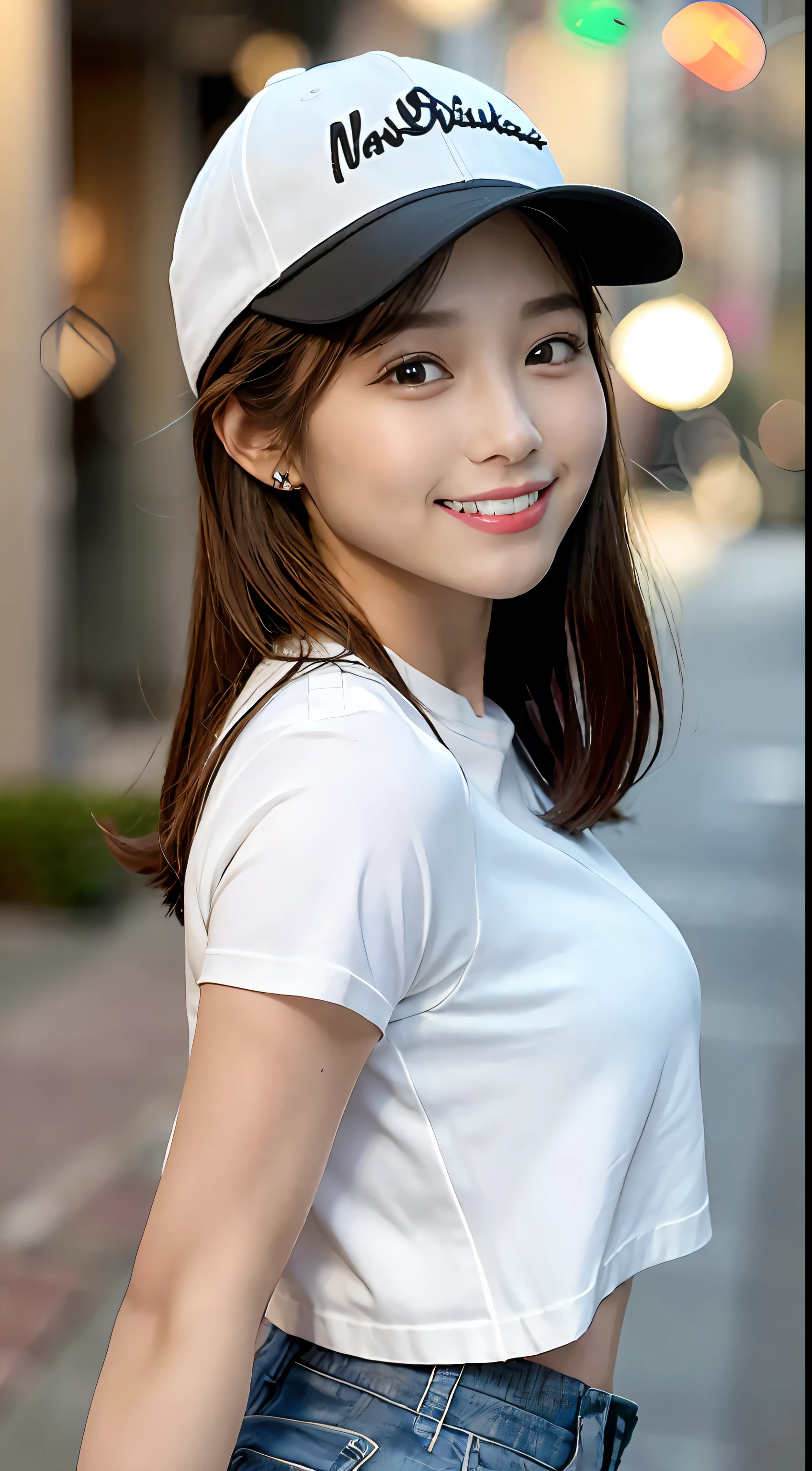 ((Best Quality, 8K, Masterpiece: 1.3)), (Baseball Cap: 1.3), Focus: 1.2, Perfect Body Beauty: 1.4, Buttocks: 1.2, (Layered Haircut: 1.2), (Dark Street: 1.3), Highly Detailed Face and Skin Texture, Full Body, Fine Eyes, Double Eyelids, Whitened Skin, Long Hair, (Round Face: 1.5), (Short Sleeves, Shorts: 1.6). smile