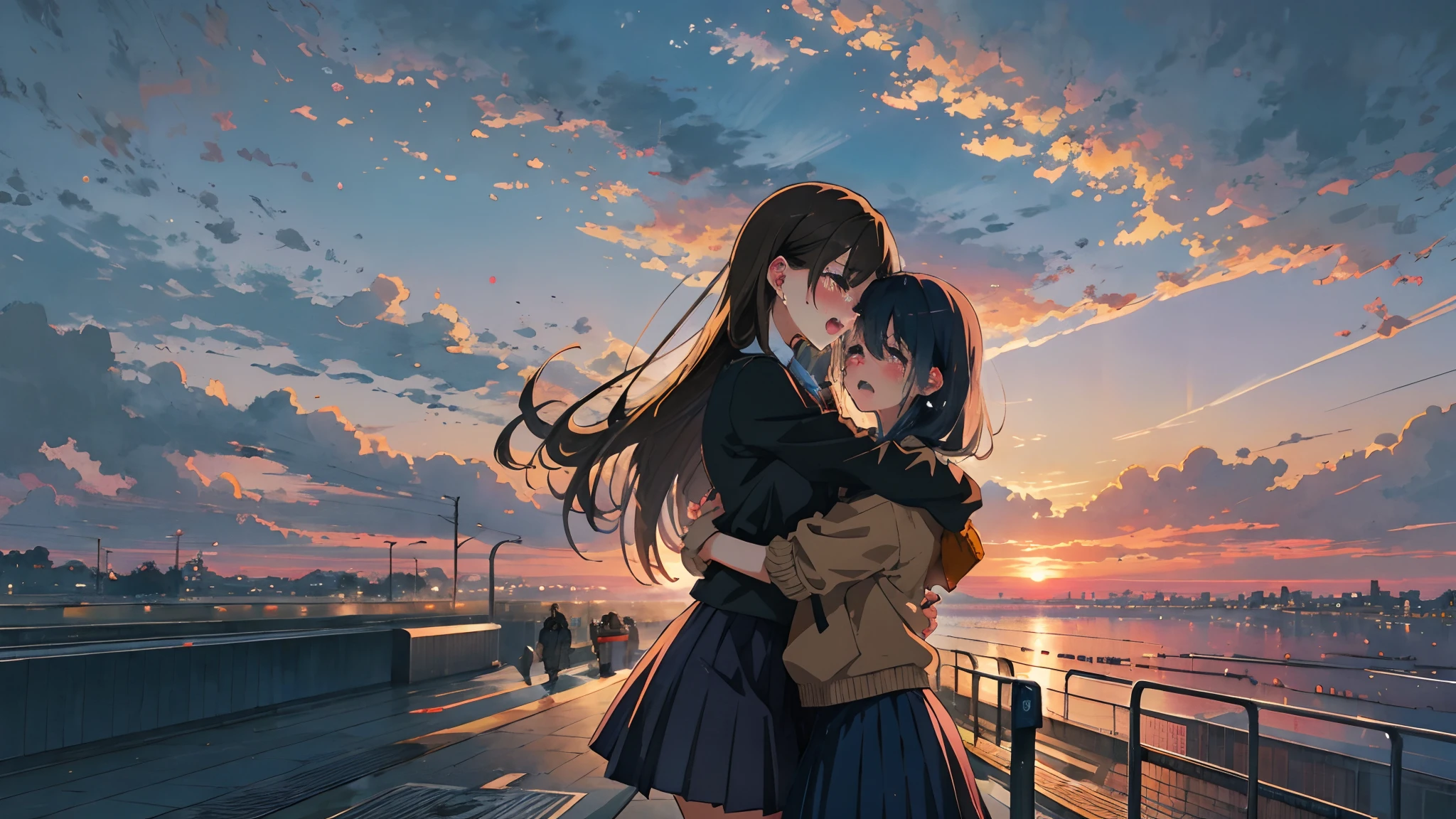 a two anime style women are hugging on a train platform together just before sunset, long hair, 2girls, multiple girls, sky, outdoors, cloud, black hair, skirt, crying