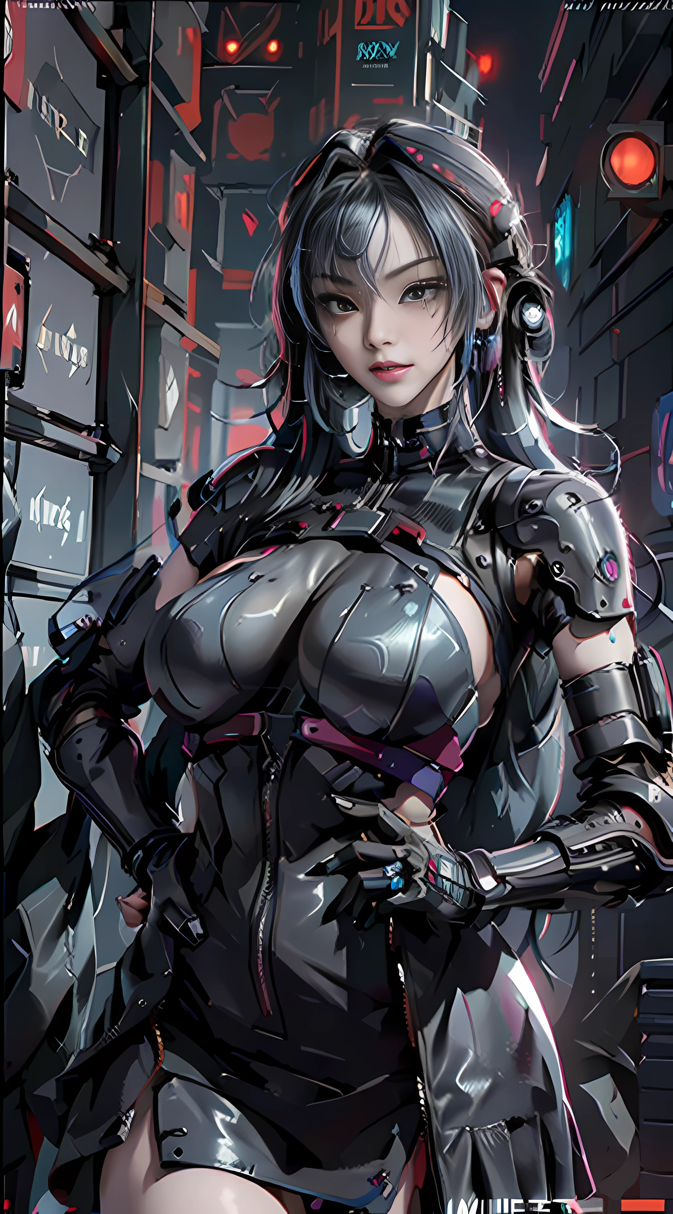 ((Best quality)), ((masterpiece)), (highly detailed:1.3), 3D, beautiful (cyberpunk:1.3) hacker woman with colored hair, black clothes looking at camera