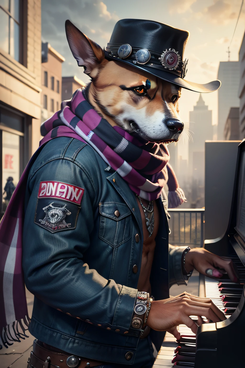 Picture of dog wearing hat and scarf，trends in art station，Wear punk clothes，Ultra-realistic detailed rendering，Urban style，intimidating pose，Planet of dogs，fashionable attire，urbansamurai，Doggy，Western denim specialty，Playing the piano
