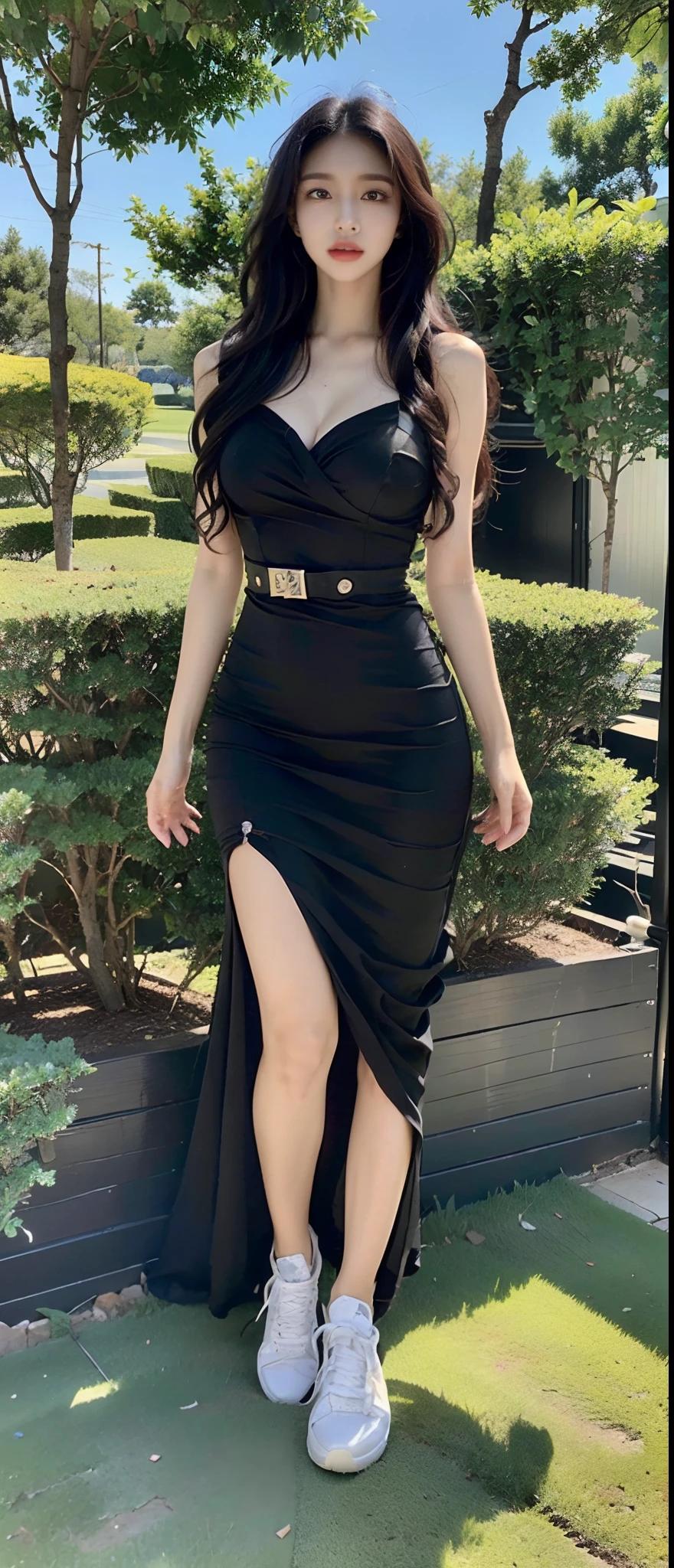 ((Best Quality, 8K, Masterpiece: 1.3)), Sharp, Perfect Body Beauty, slender thigh, Slim, ((black wavy hair, bow hair)), (gowns on sneakers), (standing), (garden), Highly Detailed Face and Skin Texture, Detailed Eyes, Double Eyelids