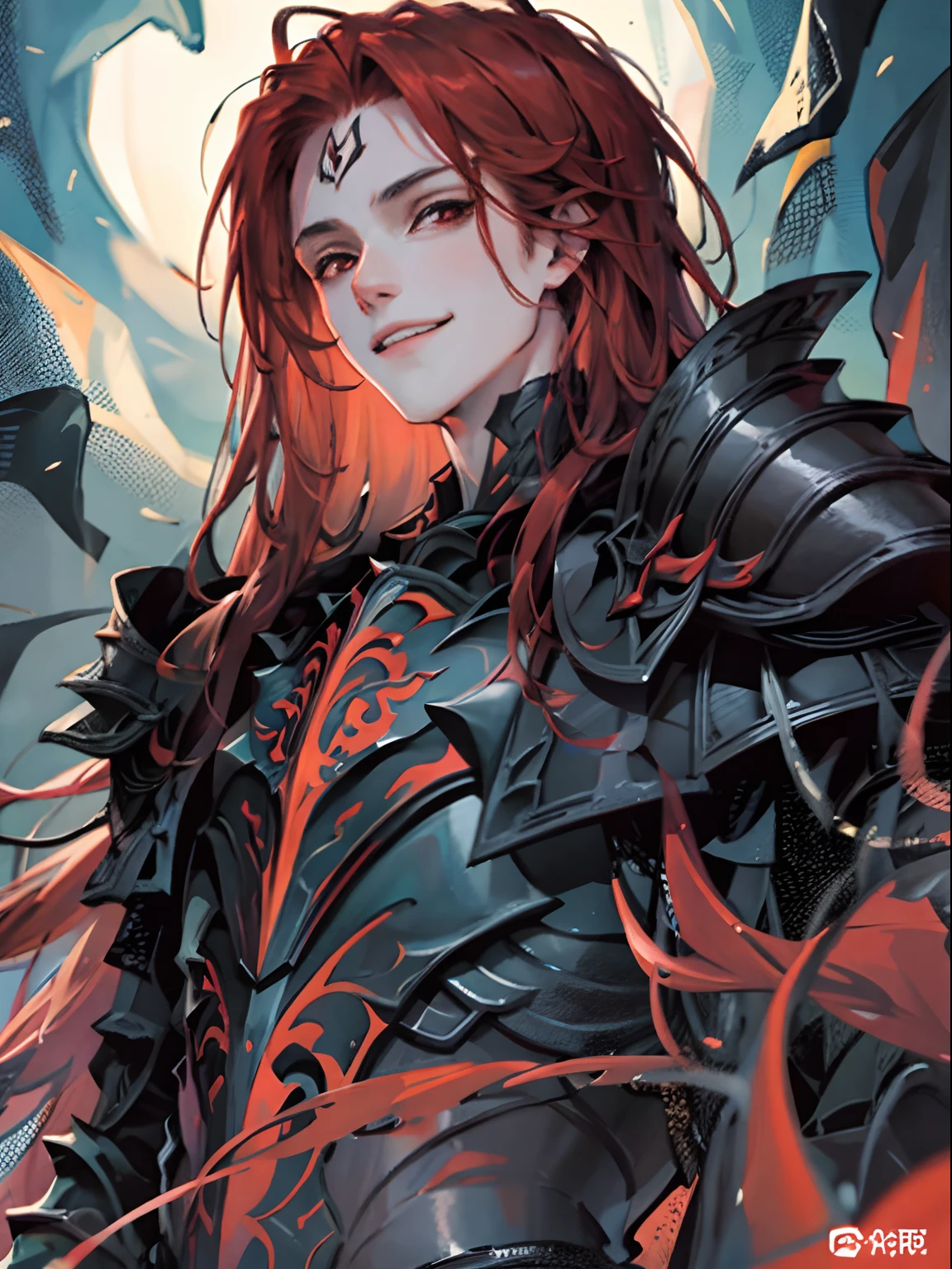 tmasterpiece, beste-Qualit, 独奏, 1boy, Long red hair, dark eyes, Gloomy armor, portraite of a, bloods, ssmile