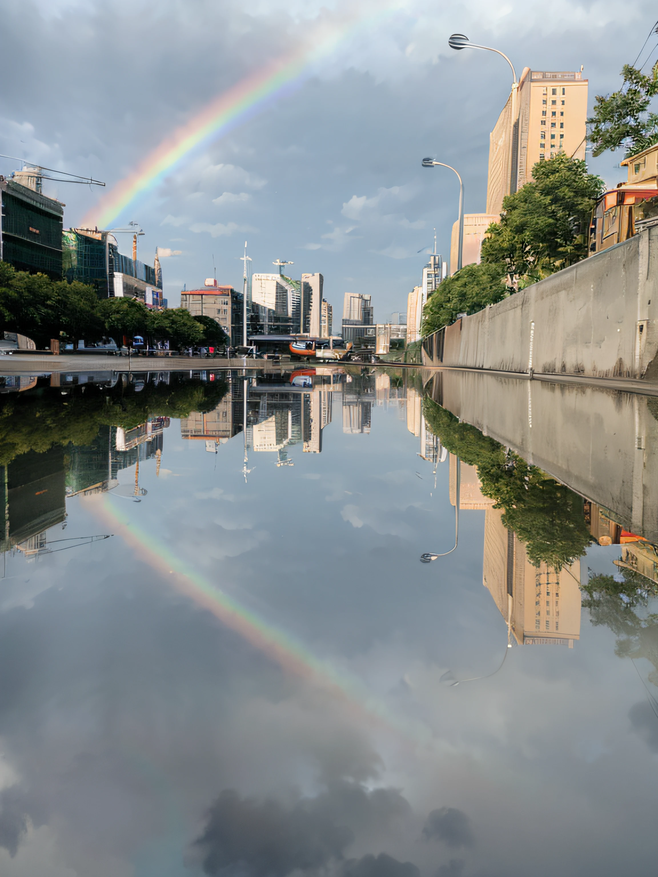 There is a rainbow in the sky and buildings on the river, Rainbow reflections, Rainbow gradient reflection, Rainbow reflections, After the rain, marvellous reflection of the sky, city reflection, city reflection, beautiful rtx reflections, High reflex, reflections on wet streets, street lights water refraction, Reflection puddle, reflections ray, after rainny, It just rained