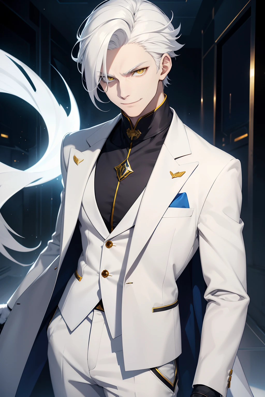 solo male, white hair, yellow eyes white suit, white pants, dark blue gloves gloves, dark blue best, pale skin, evil smile, slim