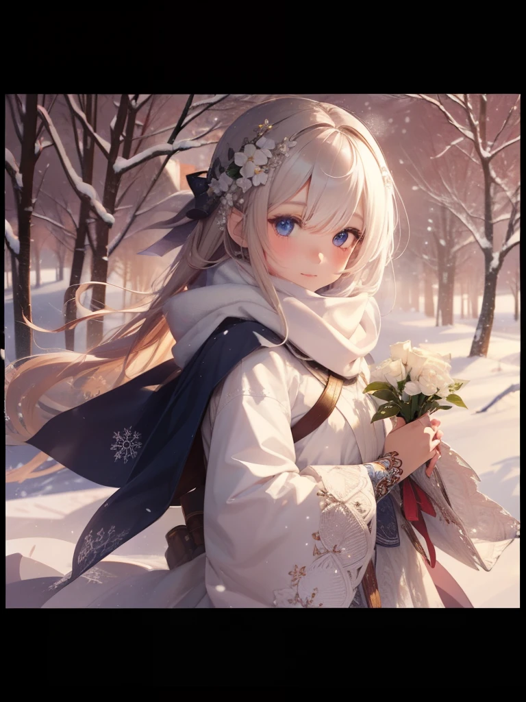 Best quality at best,highly detailed,tmasterpiece,ultra - detailed,独奏,(1girll),(Elaborate Eyes),White scarf,He held white flowers in his hand,snow landscape