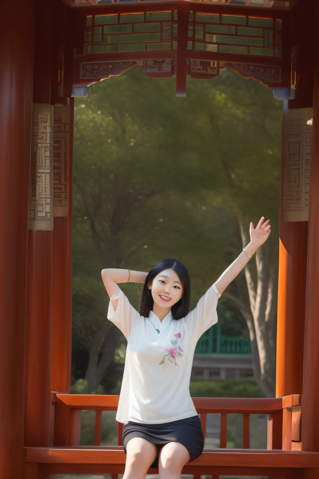 arafed asian woman sitting on a bench in a park, inspired by Ma Yuanyu, changquan, nanquan, in front of temple, raise both arms, With a Chinese temple, temples behind her, Pose(Arms up + cheerfulness), taken with canon 8 0 d, standing in a buddhist temple, Angels do yoga in temples
