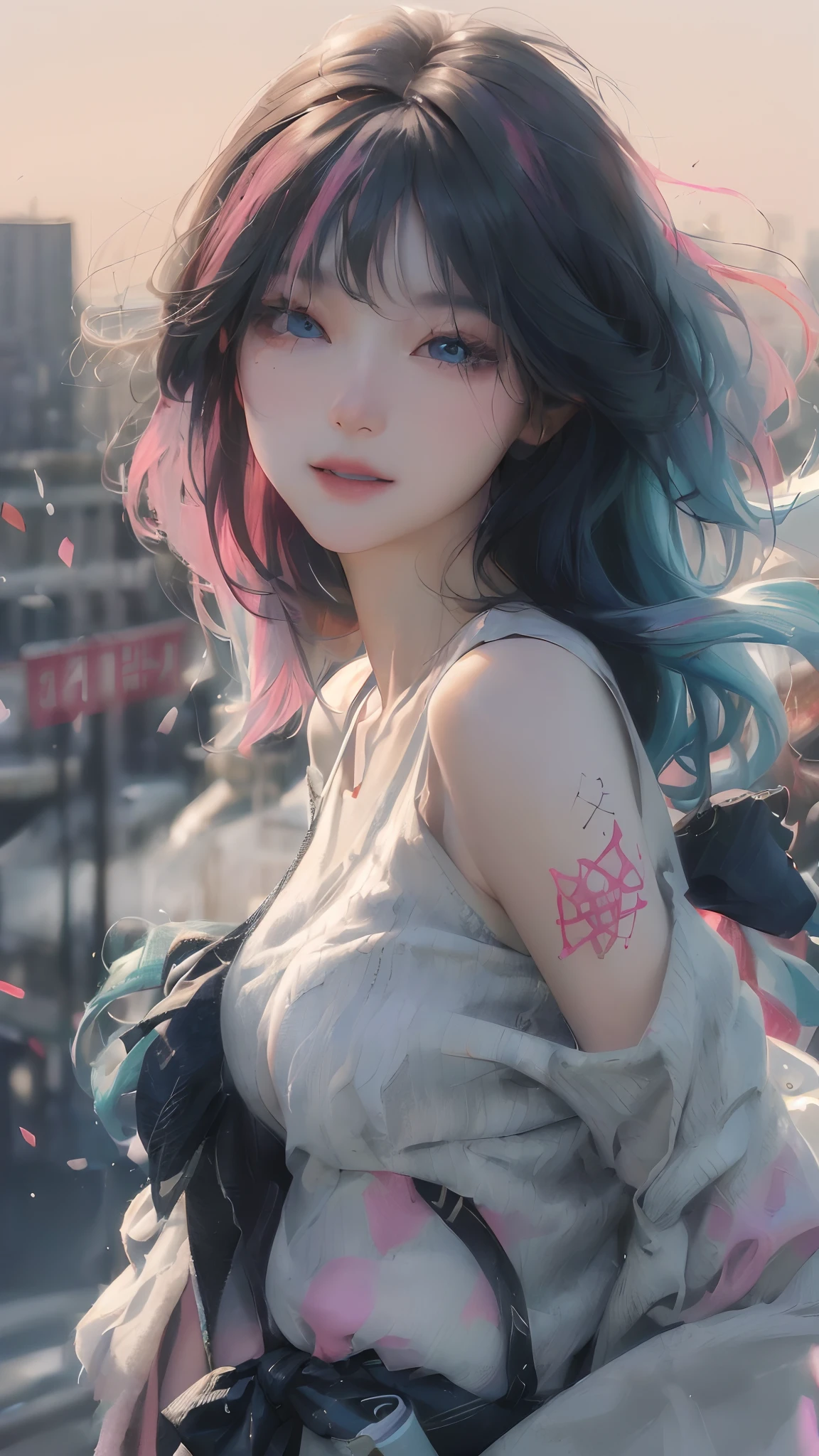 official art, masterpiece, sharp focus, (beautiful gorgeous cute Korean woman:1.3), (beautiful cute korean:1.3), korean beauty, Delicate and beautiful hair and eyes and face, realistic, ultra detailed, beautiful girl, blue sky, glow white particle, (sidelighting:1.2), sun light, white cloud, detailed clouds, slender, Lovely very large breasts and very large hips, smile with teeth, ((smile with eyes, open both eyes)), scenery, long straight hair, sexy facial expression, building, (cityscape:1.7), dynamic hair, long straight hair, detailed platinum pink hair, glow blue eyes, (blue pleated shirts + white skirt), white long socks, pale skin, hair ornament, epic scenery,