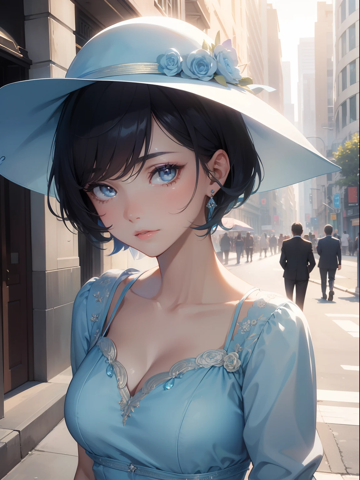 (Masterpiece, Best Quality, Ultra High Resolution), 1 Girl,light blue dress, formal dress, lady hat, short hair, 30s, on the street, beautiful and detailed face, detailed eyes