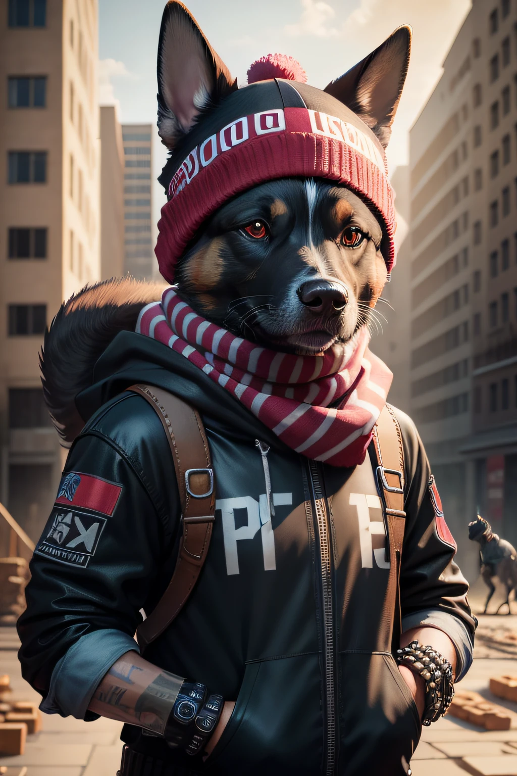Picture of dog wearing hat and scarf,trends in art station,Wear punk clothes,Ultra-realistic detailed rendering,Urban style,intimidating pose,Planet of dogs,fashionable attire,urbansamurai,Doggy,Wearing a worker's hat,Moving bricks at the construction site