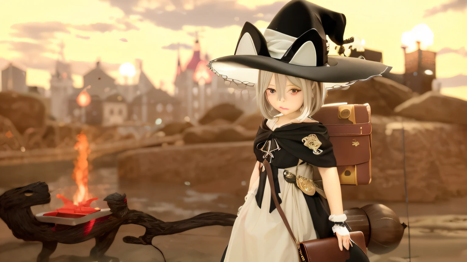 Semi-thick coating，the witch，Black magic hat，Black shawl，Long black and white dress，Brown satchel，Brown pocket watch at the waist，Behind him is a brown magic book