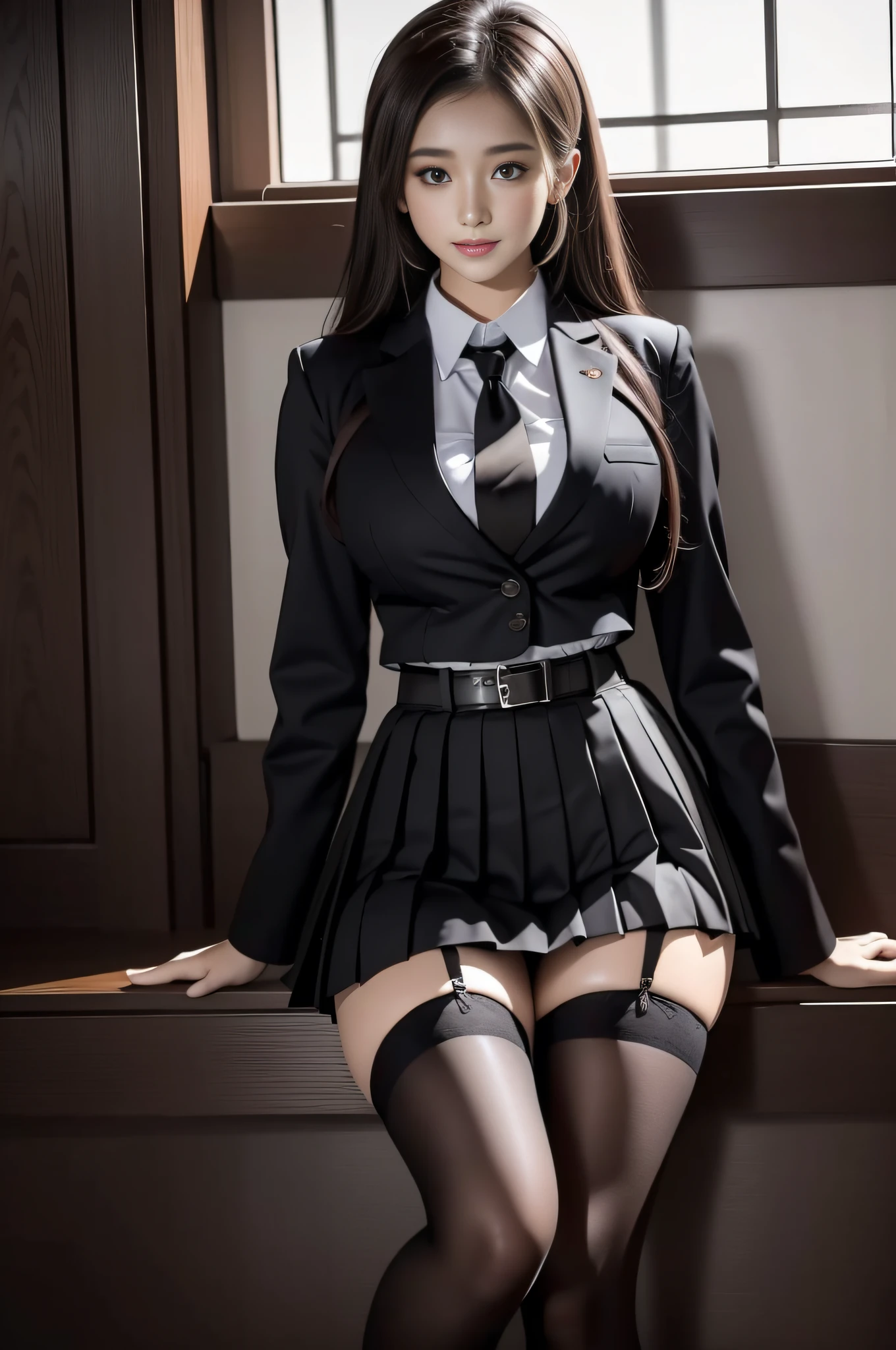 Beautuful Women,Wears a JK College-style uniform,Brown pleated skirt with black blazer,It looks very pure,Wearing black stockings,Black stockings are thick and black