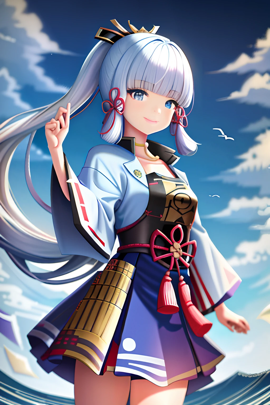 Masterpiece images,High quality scenery,Extremely high definition,It shows a solo female figure in the Japanese wind,She is Kamisato Ayaka,Smile brightly,Dressed in a traditional kimono。