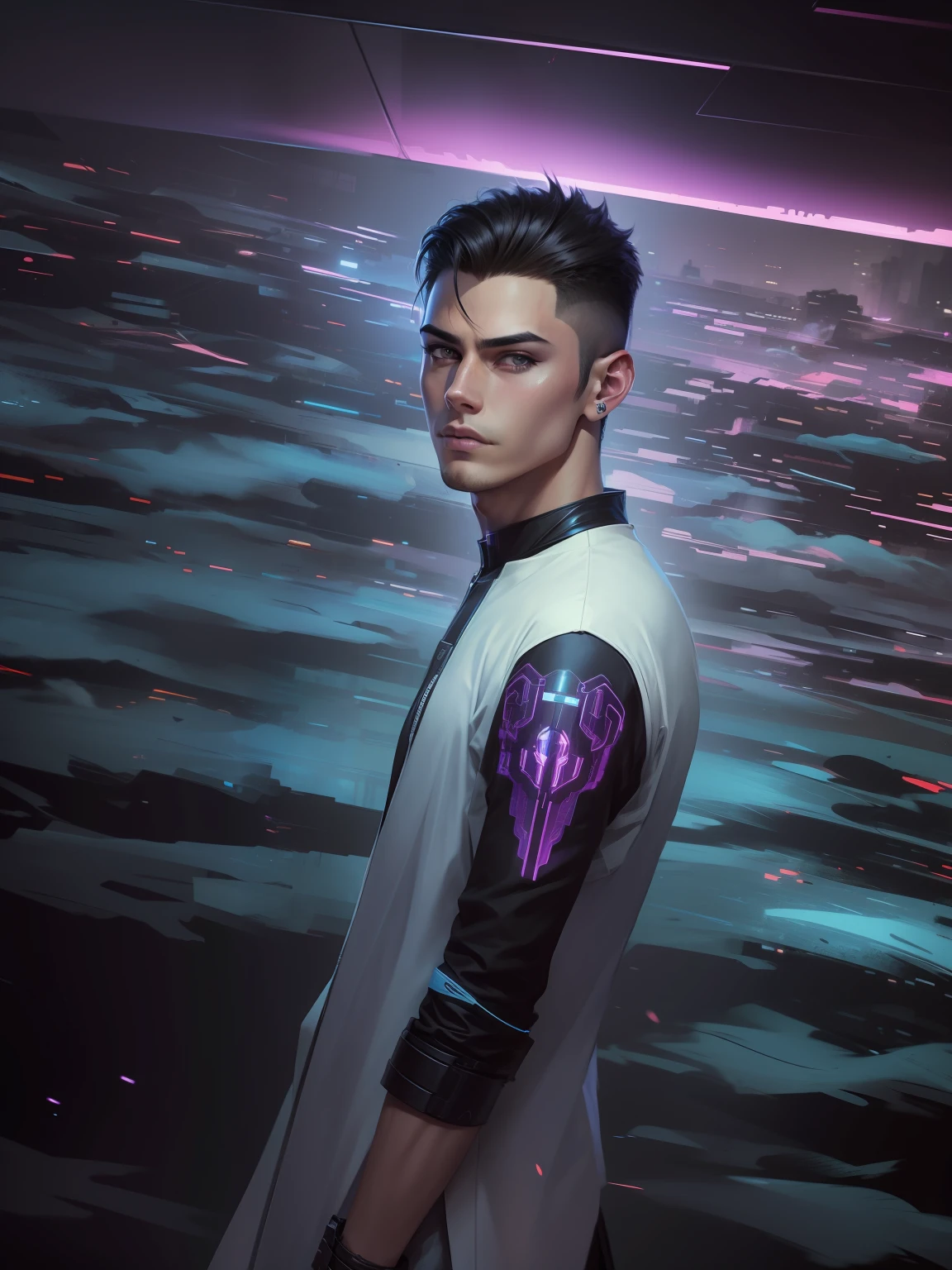 Change background cyberpunk handsome boy, realistic face,
