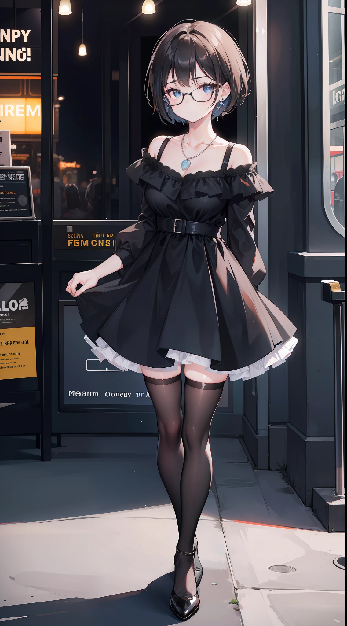 1girl, (solo:1.1), (glasses:1.1), full body, /\(/boyfriend perspective, (french hepburn black dress:1.1), collarbone, black thighhighs, zettai ryouiki, high-heeled shoes, (standing:1.1), solo focus, arms behind back, brown hair, gradient hair, earrings, medium breasts, necklace, blue eyes, happy, (short hair:1.1), shoesfrench hepburn black dress, simplicity, temperament, ferris wheel, amusement park, Fujifilm, 135mm, f/2.8, lens flare, depth of field, cinematic lighting, backlighting, Fujicolor, ray tracing, UHD, retina, masterpiece, textured skin, anatomically correct, super detail, 8k