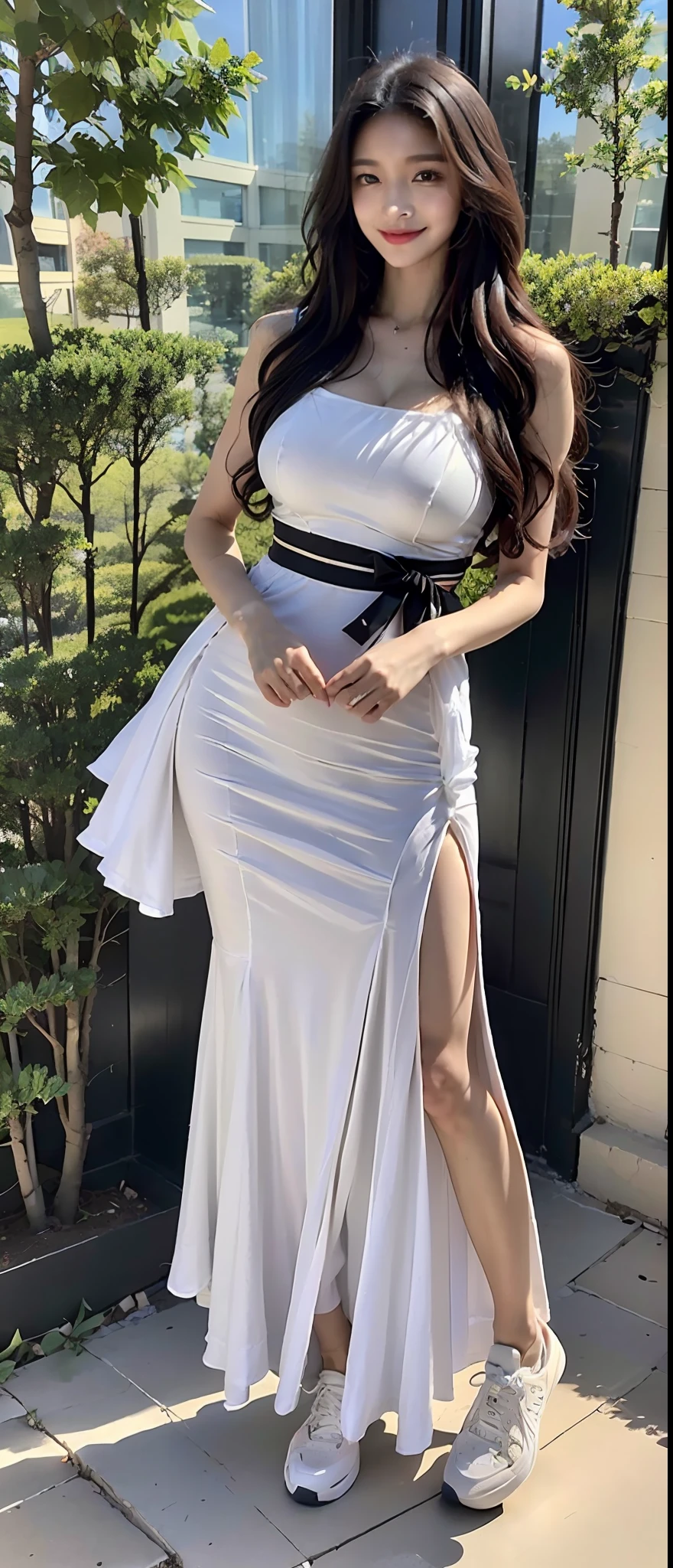 ((Best Quality, 8K, Masterpiece: 1.3)), Sharp, Perfect Body Beauty, slender thigh, Slim, ((black wavy hair, bow hair)), (gowns on sneakers), (standing), (garden), Highly Detailed Face and Skin Texture, Detailed Eyes, Double Eyelids, smile