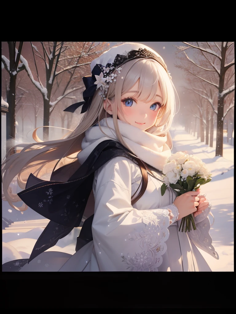 Best quality at best,highly detailed,tmasterpiece,ultra - detailed,独奏,(1girll),(Elaborate Eyes),White scarf,White flowers in hand,snow landscape,ssmile