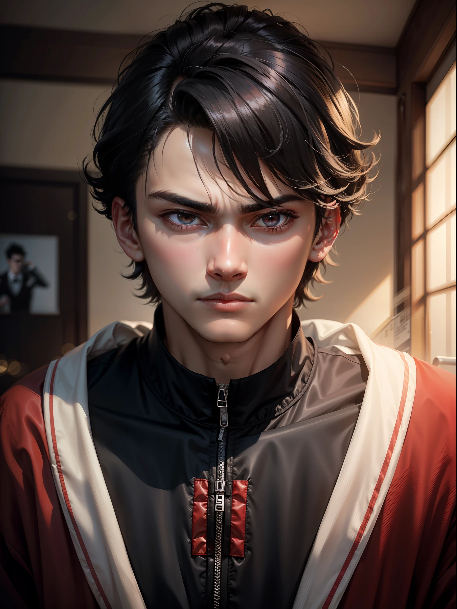 8k,Black-haired boy,Around twenty years old,red color eyes,The expression is serious and indifferent