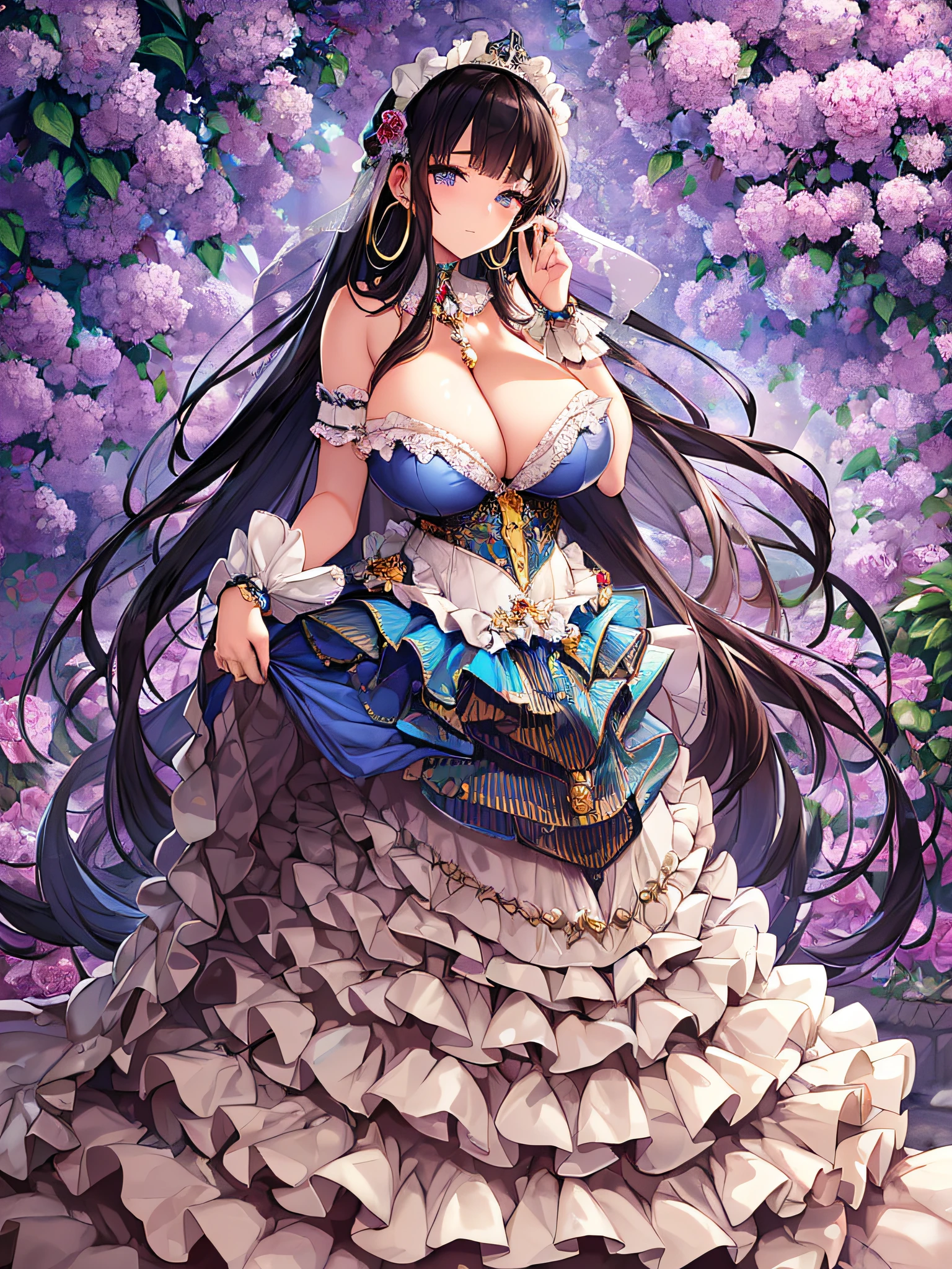 ((anime artstyle)),(Masterpiece),(Best Quality), (Super Detail),((Very Delicate and Beautiful)),(((Solo))),((full body)),(((1 princess in gorgeous lolita dress with voluminous full length hoop skirt))),ornate ruffles,beautiful embroidery,((standing in garden)),Long train,(bling-bling gorgeous gemstone jewelry),detailed face and eyes,jewel-like eyes,cry,((large amount of straight hair,extremely voluminous Very Long Straight Hair)),((gigantic tits,Long tits)),cleavage,(gorgeousfull embroidery and lace),gorgeous corsage,See-through,(extremely gorgeousfull lolita hair ornament),bling-bling extremely gorgeousfull jeweled tiara,(hoop skirt,crinoline),flowers, flower petals flowing,((Dynamic Angle)),Looking at viewer,((full body)),((extremely gorgeous  lolita dress with voluminous full length hoop skirt))