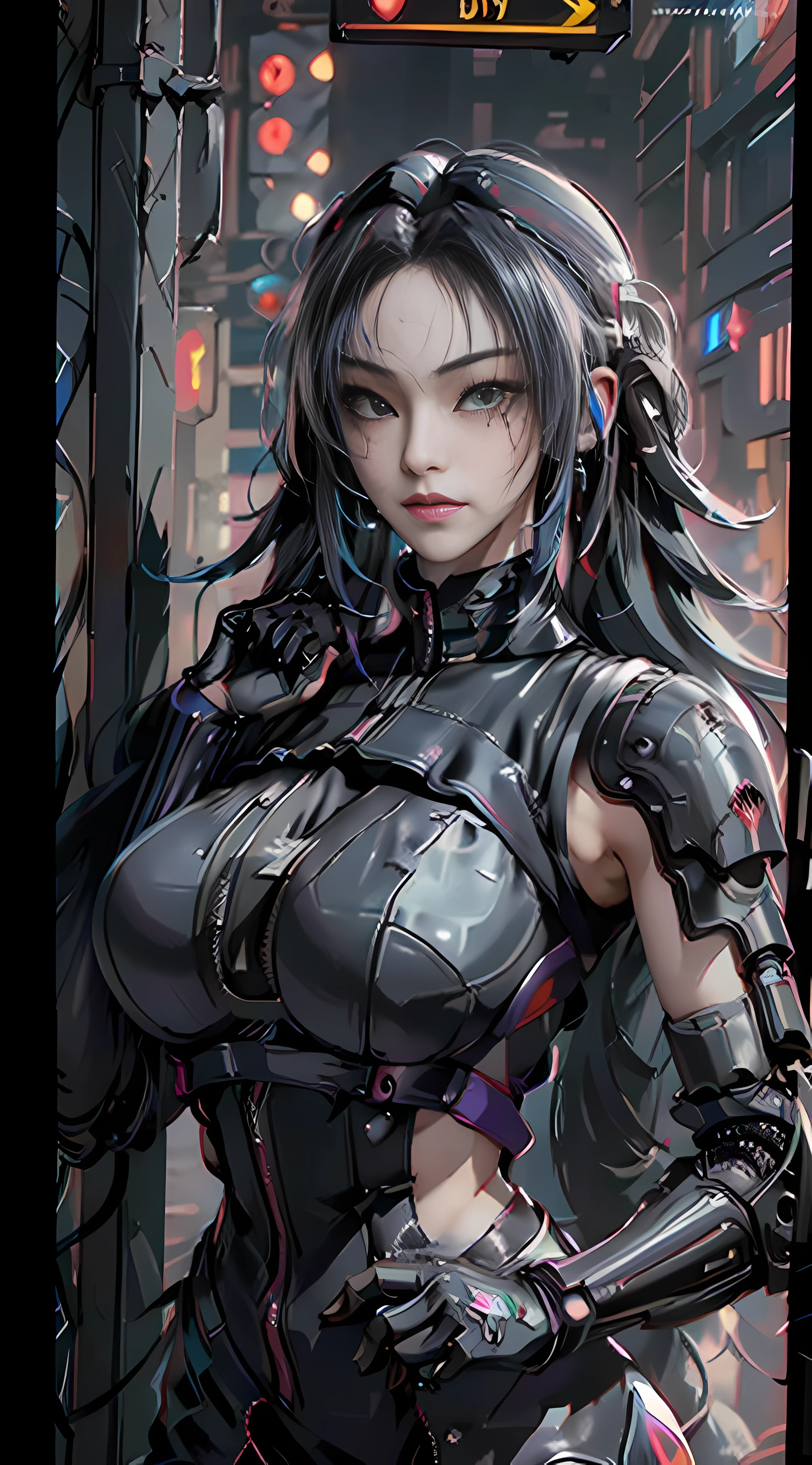 ((Best quality)), ((masterpiece)), (highly detailed:1.3), 3D, beautiful (cyberpunk:1.3) hacker woman with colored hair, black clothes looking at camera