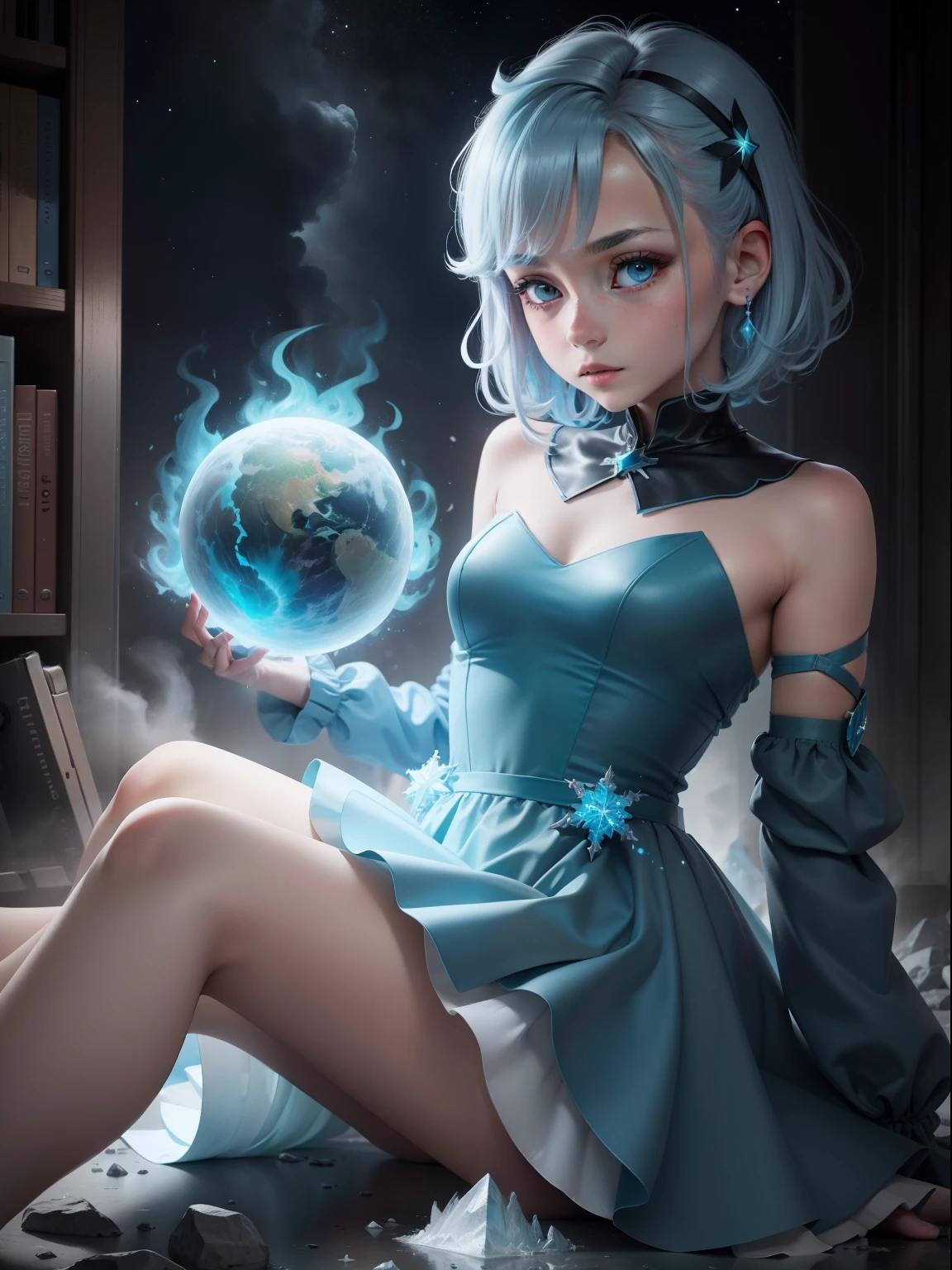 quadratic element,greyt hair,Blue pupil,femele,Unisex dress,teens girl,short detailed hair,Cold,Cyan flame,Ice crystals