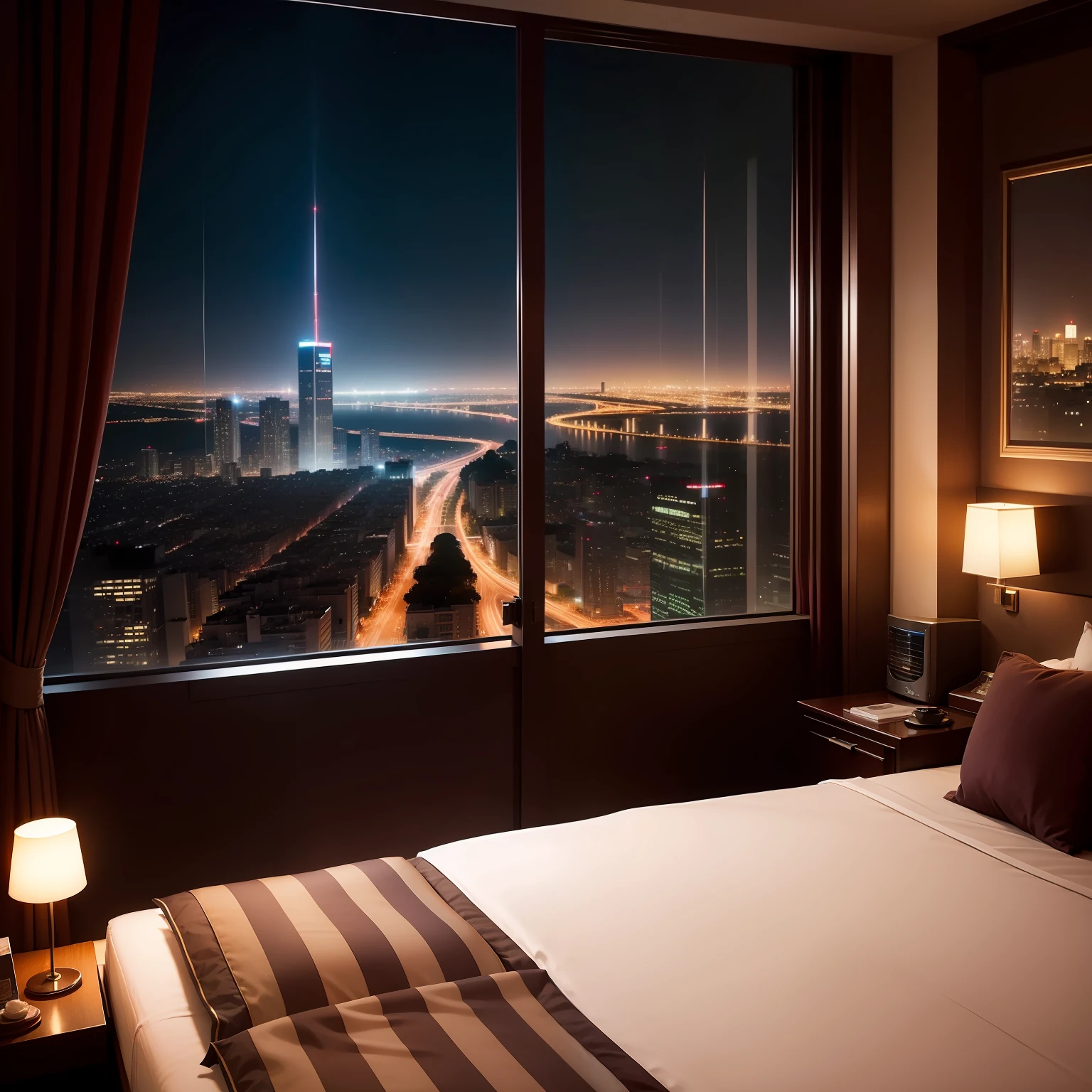 Hotel room with night view　high class　top-quality　​masterpiece　超A high resolution　a gorgeous