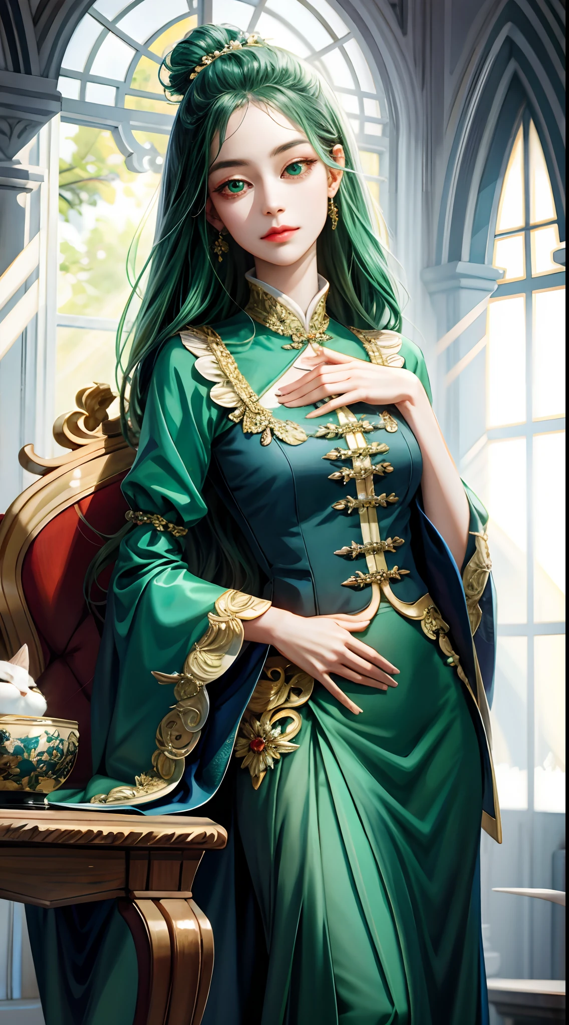 （hoang lap，A high resolution，ultra - detailed），1girll，独奏，mature，baroque，long  skirt，longer sleeves，ellegance，Colorful，Most detailed，The upper part of the body，Green curls，Emerald big eyes，Gentle and expectant，The bridge of the nose is straight，with fair skin，Slightly emaciated，Place your hands on your chest，Gentle girl，Green skirt