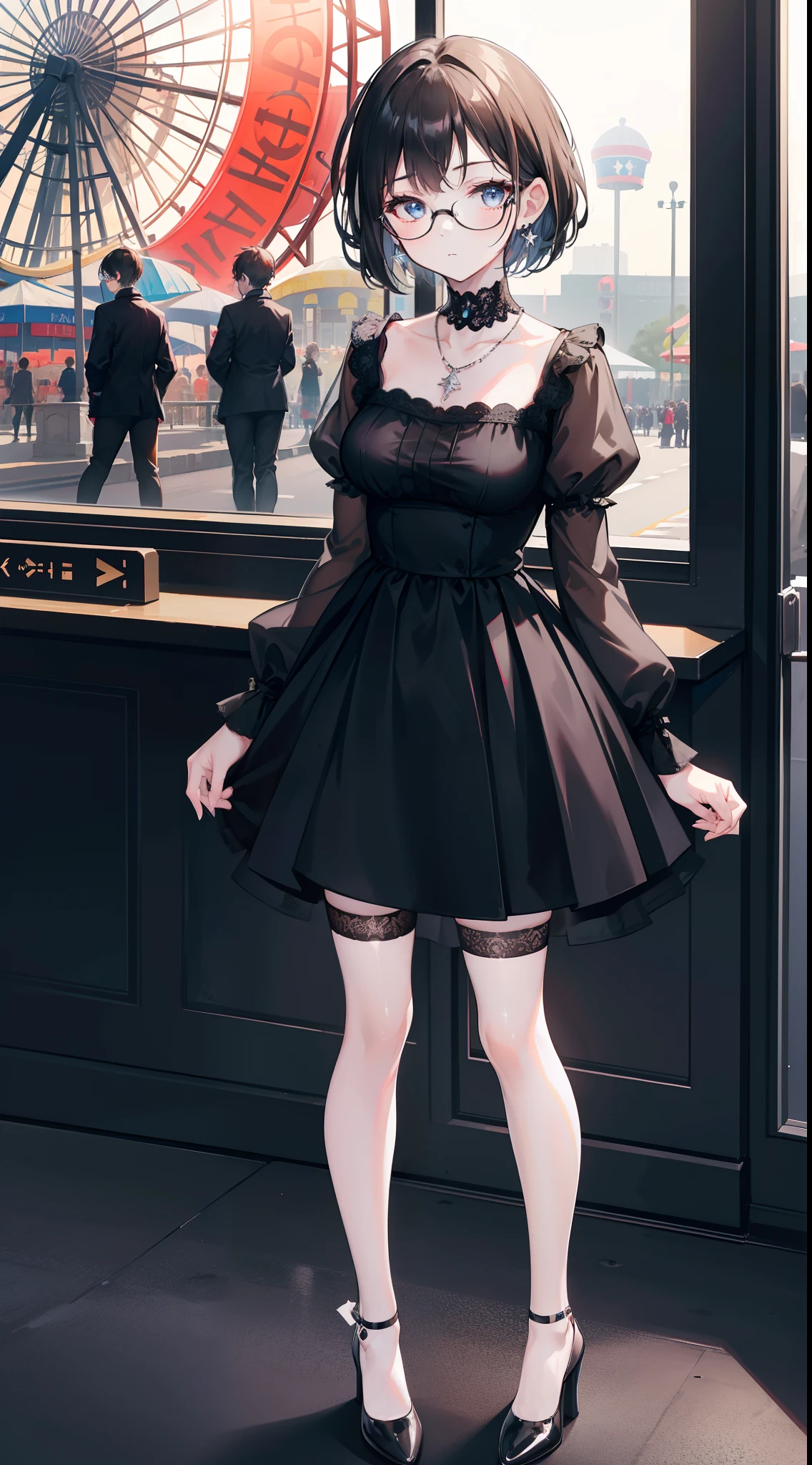 1girl, (solo:1.1), (glasses:1.1), full body, /\(/boyfriend perspective, (french hepburn black dress:1.1), collarbone, black thighhighs, zettai ryouiki, high-heeled shoes, (standing:1.1), solo focus, arms behind back, brown hair, gradient hair, earrings, medium breasts, necklace, blue eyes, happy, (short hair:1.1), shoesfrench hepburn black dress, simplicity, temperament, ferris wheel, amusement park, Fujifilm, 135mm, f/2.8, lens flare, depth of field, cinematic lighting, backlighting, Fujicolor, ray tracing, UHD, retina, masterpiece, textured skin, anatomically correct, super detail, 8k