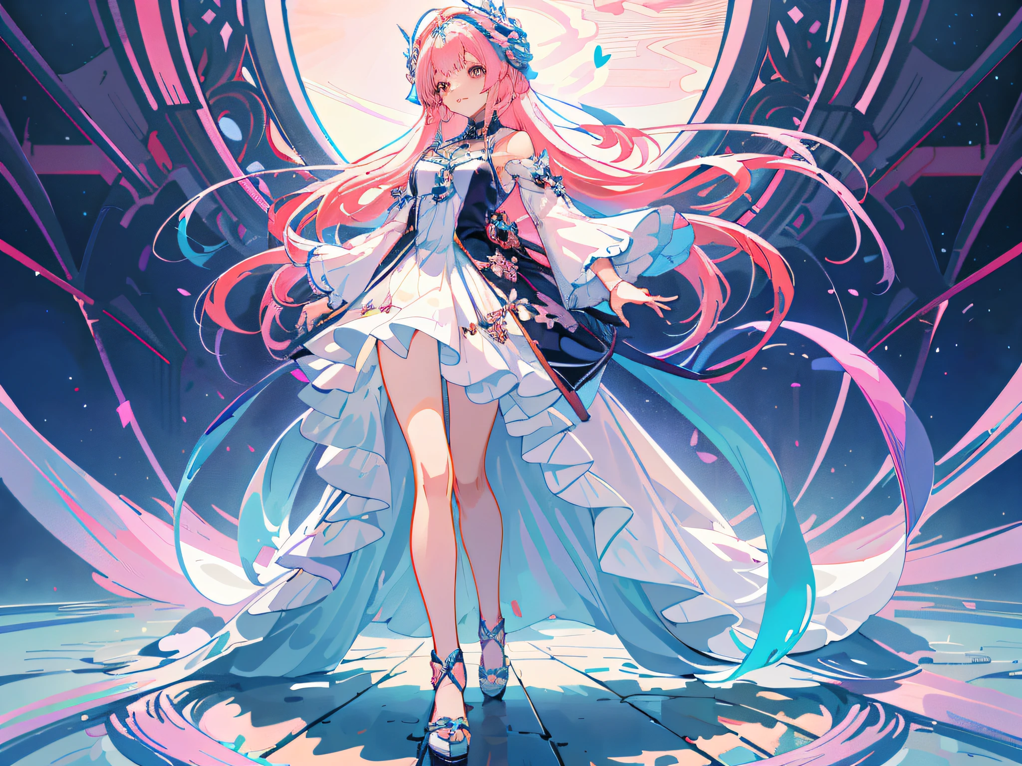 Anime girl in white dress，Long pink hair and a sword, Digital art on Pixiv, trending on artstation pixiv, cute anime waifu in a nice dress, Anime goddess, Anime fantasy illustration, flowing magical robe, Anime art wallpaper 8 K, Beautiful celestial mage, style of anime4 K, beautiful fantasy anime, ethereal anime, Beautiful anime artwork