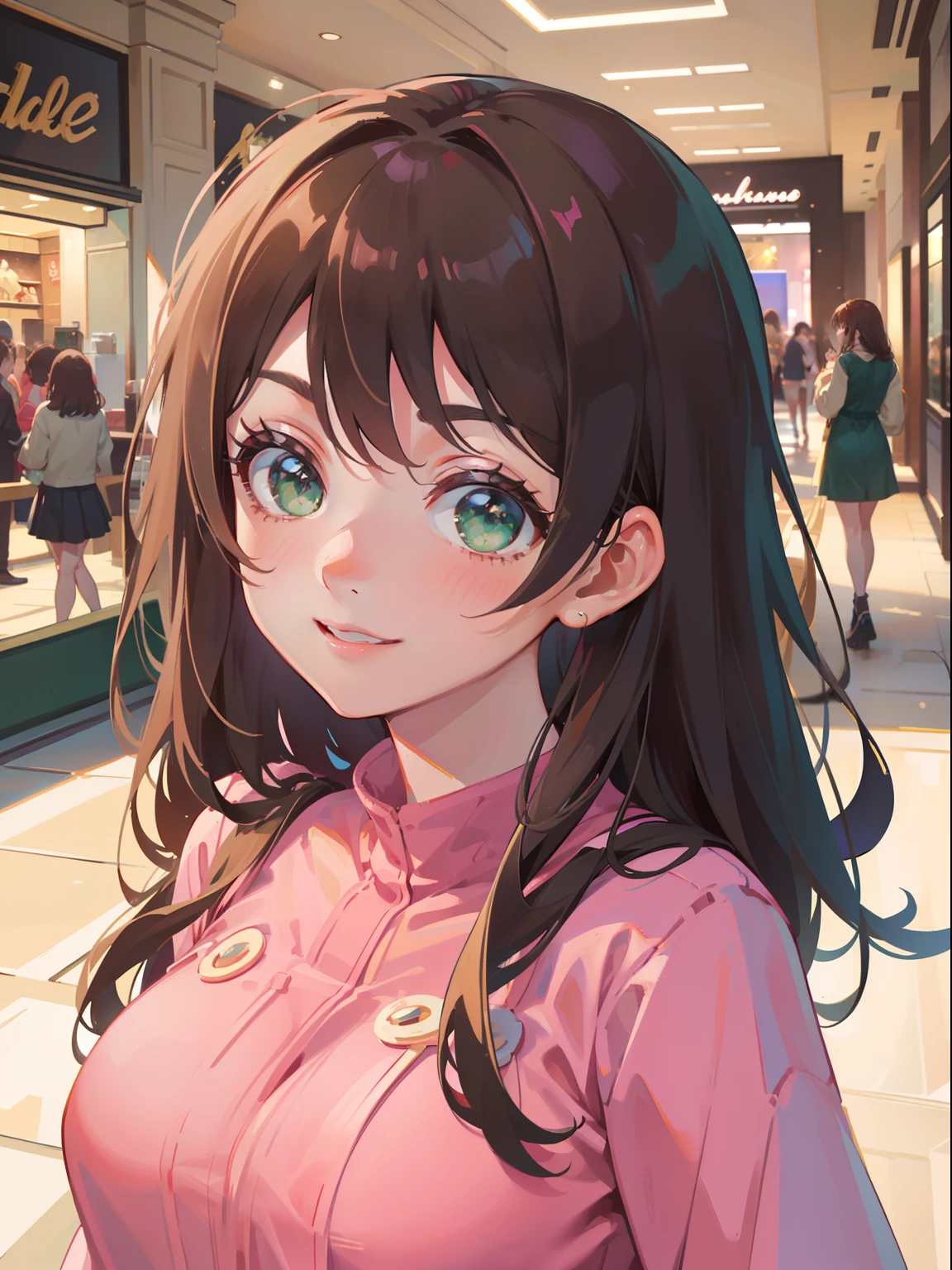 masterpiece), best quality, beautiful detailed hair detailed face, ultra high res, sharp focus, ((1 woman, solo)), perfect feminine face, upper body, medium close-up, (at the noon time:1.2), (in the mall:1.3), chesnut brown hair, ((beautiful shape eyes, green eyes)), look at the viewer, long hair, smiles, (pink comfy clothes:1.2)