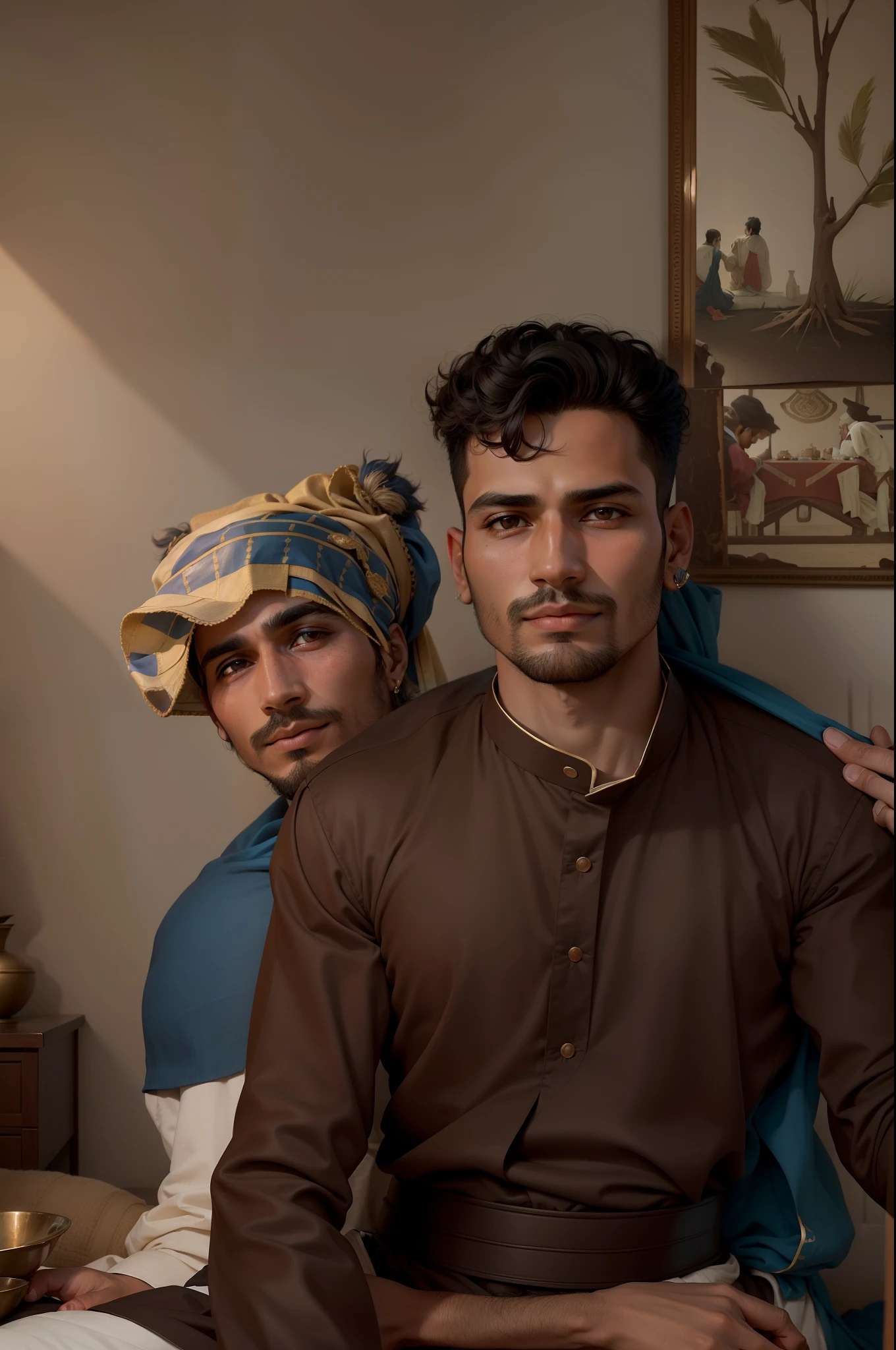 there are two men sitting on a bed together in a room, ghutra and egal, portrait mode photo, wearing traditional garb, photo taken in 2 0 2 0, portrait image, facebook post, two young men, portait image, indian, beautiful man, real picture, famous artist, with village, portrait of two people, vastayan, very funny