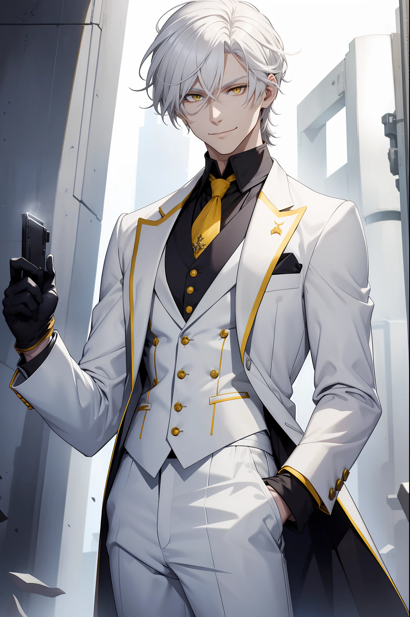 solo male, white hair, yellow eyes white suit, white pants, dark blue gloves gloves, white vest, pale skin, evil smile, slim