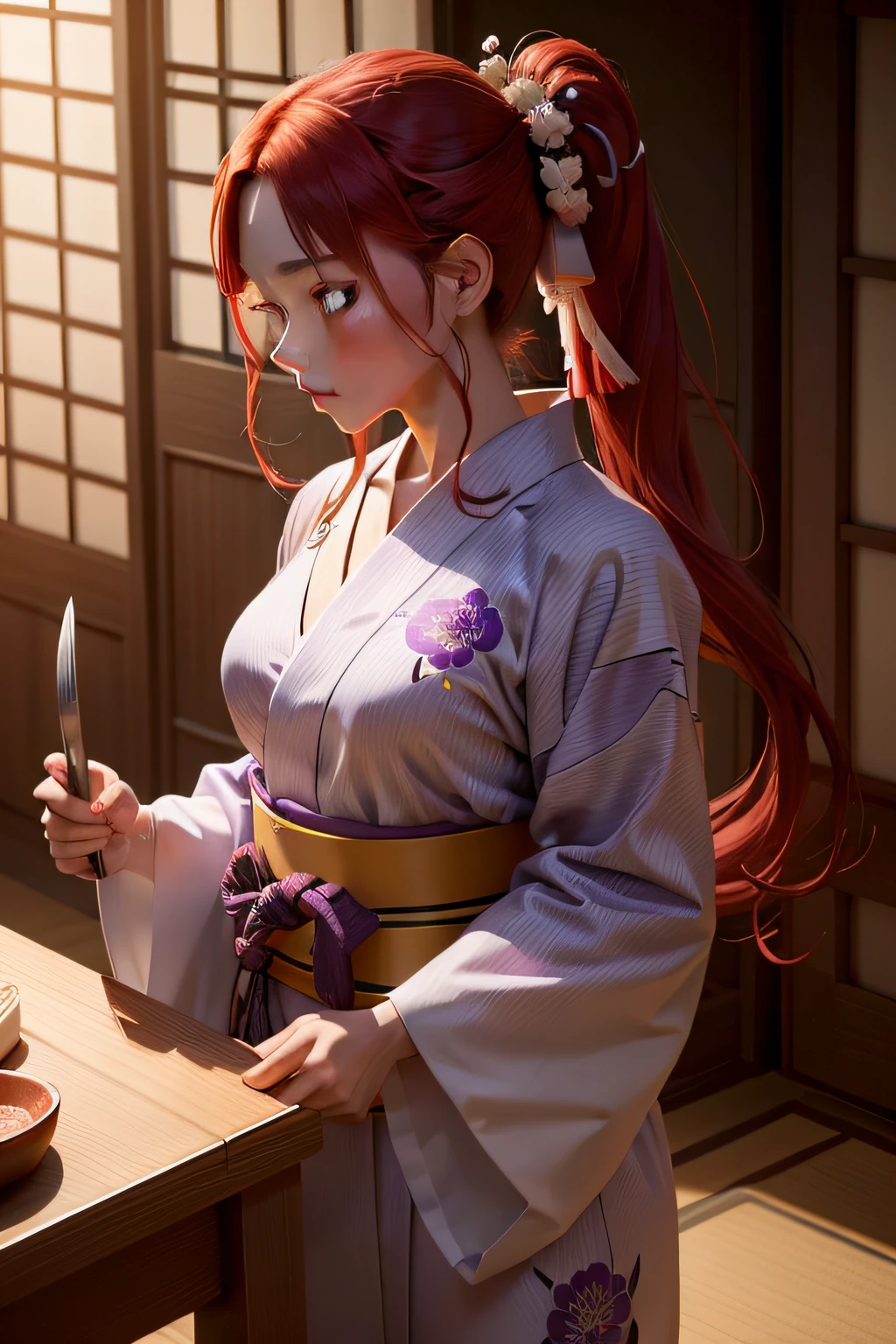 Humanity，mtu，youth，Wearing a purple snake-print yukata on her upper body，Wears white haori，Foot on wood，Holding a knife in his hand，A samurai-like person，Long dark red hair tied into a high ponytail，Leave two strands of hair hanging down your sideburns。