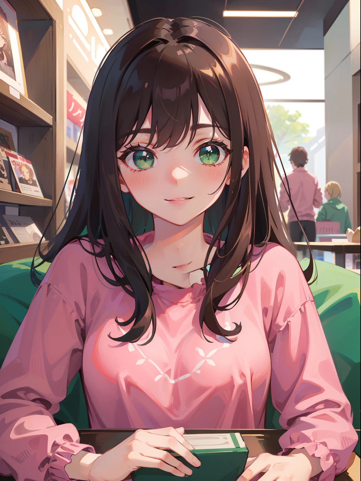 masterpiece), best quality, beautiful detailed hair detailed face, ultra high res, sharp focus, ((1 woman, solo)), perfect feminine face, upper body, medium close-up, (at the noon time:1.2), (in the mall:1.3), chesnut brown hair, ((beautiful shape eyes, green eyes)), look at the viewer, long hair, smiles, (pink comfy clothes:1.2)