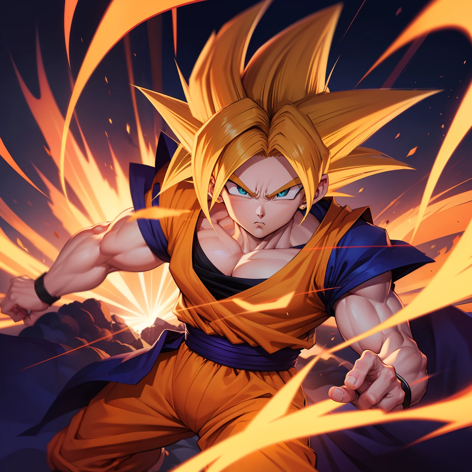Gerar imagem do Goku na forma super sayajin. Use a dynamic pose and anime strokes. Adicione detalhes e texturas interessantes. A imagem deve ter vibrante, tonal colors that convey power and emotion. Also add an epic background with power elements in the air. Utilize filtros de melhoramento de qualidade e melhore a imagem. #Dragon Ball #anime #Goku #superSayajin #melhorar #filtrar #qualidade