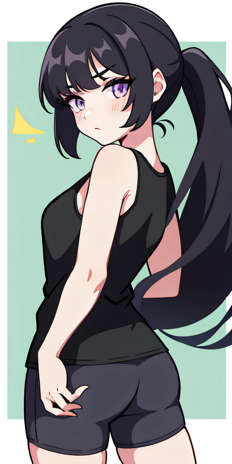 girl with a confident expression, long dark hair in a ponytail, purple eyes, olive skin, black tank top