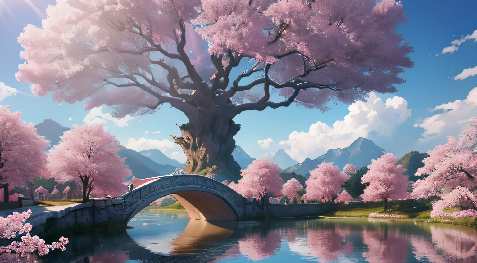 tmasterpiece,Best quality at best,high qulity,Very detailed unified 8k wallpapers,Giant giant pink tree of surrealism,villages,Splashing water,lens flare glow,Fluffy clouds,ultra - detailed,blooms,真实感