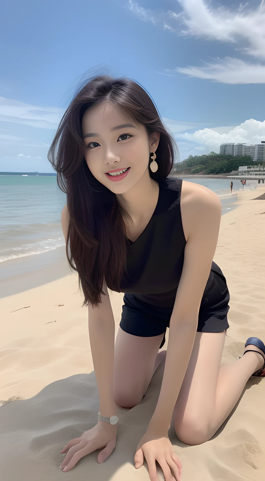 （（best qualtiy, A masterpiece in 16K quality:1.3)),a young, Beautiful and cute Korean actress，Full body photo，Extremely beautiful and delicate，Black color hair，Pouting and smiling，Delicate and beautiful fair skin，Realistic and realistic，exquisite and complete facial features，Detailed depiction of the face，tall nose bridge，Smooth hair，extremely detail hair，Feminine temperament，Tall and tall，Thin，Realiy，White teeth，Tied up with hair，Hyper-realism，sandals，full body shot shot，Forward tilt angle,Extreme picture quality,Highest precision,Precise and perfect human anatomy。with blue sky and white clouds，with blue sky and white clouds，rays of sunshine，Cows, sheeps, (Chiffon tops，Chiffon shorts)（telephoto shot，）Express the landscape，Highlight portrait。Sitting on the beach by the sea。Wearing earrings