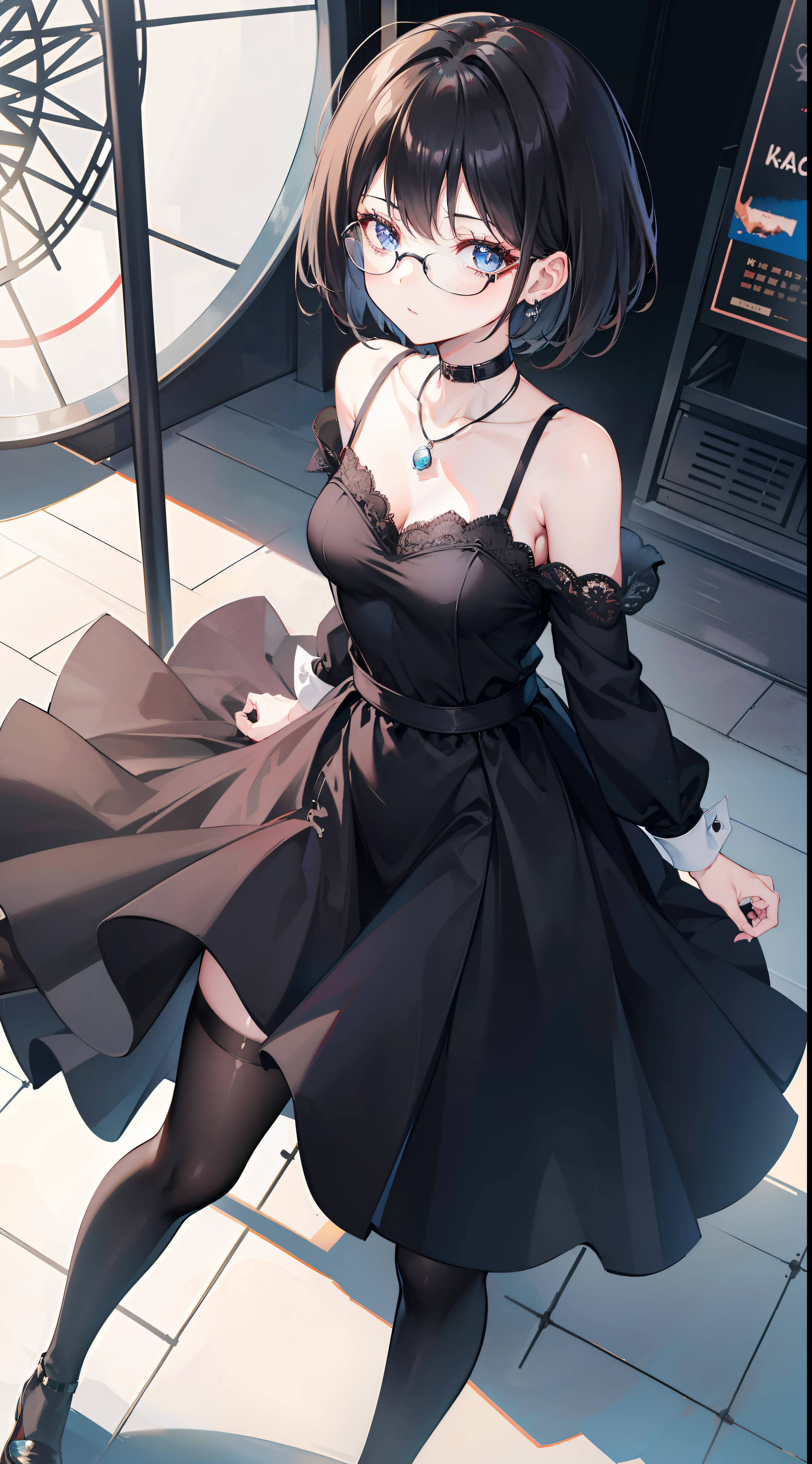 1girl, (solo:1.1), (glasses:1.1), full body, /\(/boyfriend perspective, (french hepburn black dress:1.1), collarbone, black thighhighs, zettai ryouiki, high-heeled shoes, (standing:1.1), solo focus, arms behind back, brown hair, gradient hair, earrings, medium breasts, necklace, blue eyes, happy, (short hair:1.1), shoesfrench hepburn black dress, simplicity, temperament, ferris wheel, amusement park, Fujifilm, 135mm, f/2.8, lens flare, depth of field, cinematic lighting, backlighting, Fujicolor, ray tracing, UHD, retina, masterpiece, textured skin, anatomically correct, super detail, 8k