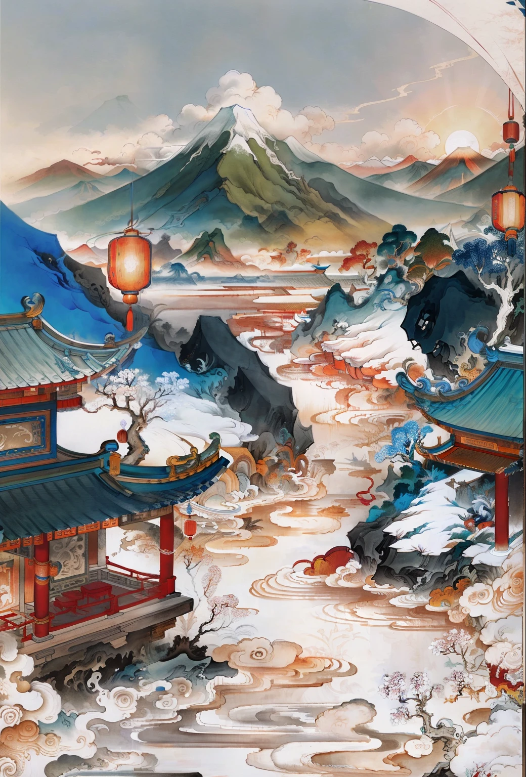 Ancient Chinese landscape, a Monkey King, ancient buildings, pavilions, carved beams and paintings, beautiful mountains and waters, inspired by Jin Yong martial arts, sunshine, ink painting style, clean colors, decisive cutting, white space, freehand, masterpiece, super detailed, epic composition, high quality, highest quality, Pixar style, supersaturated, surreal, artgerm --v 6