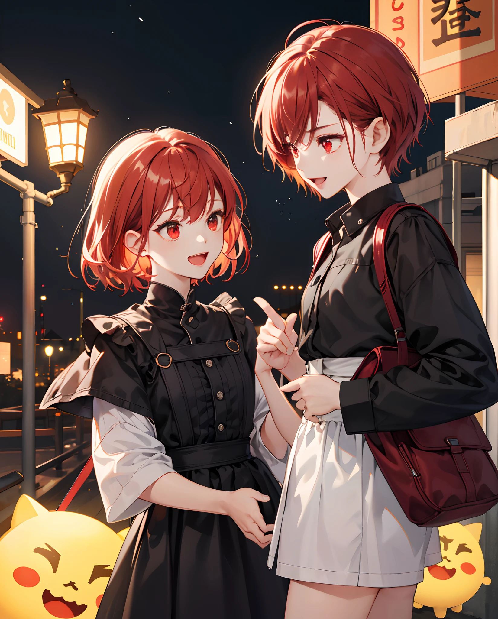 best qualtiy， tmasterpiece， Carey lamp mashed， 独奏， 2girls， red eyes， :d，， Blackn clothes， （tchibi： 0.6）， light red hair， short detailed hair， a sticker， emoj， Q version， white backgrounid， （（saddened））， tchibi