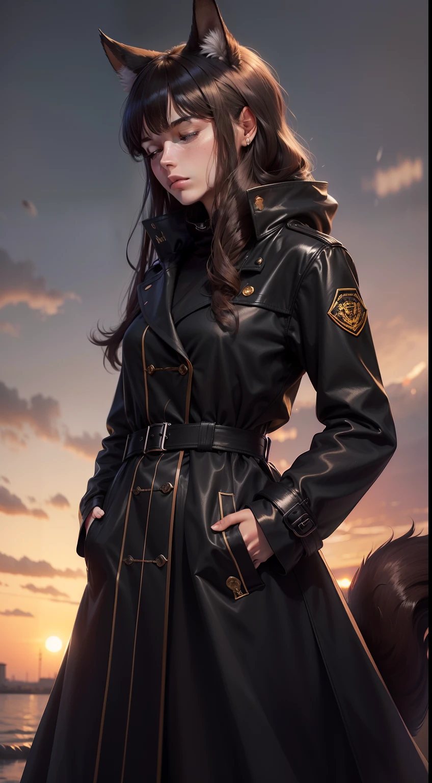 femele,eighteen ,Dignified,dreariness,brunette color hair,Long hair and waist,hair straight,Black animal ears,Black fluffy tail,Put your hands in your pockets,Black trench coat,Without background,Head down, Close your eyes and meditate