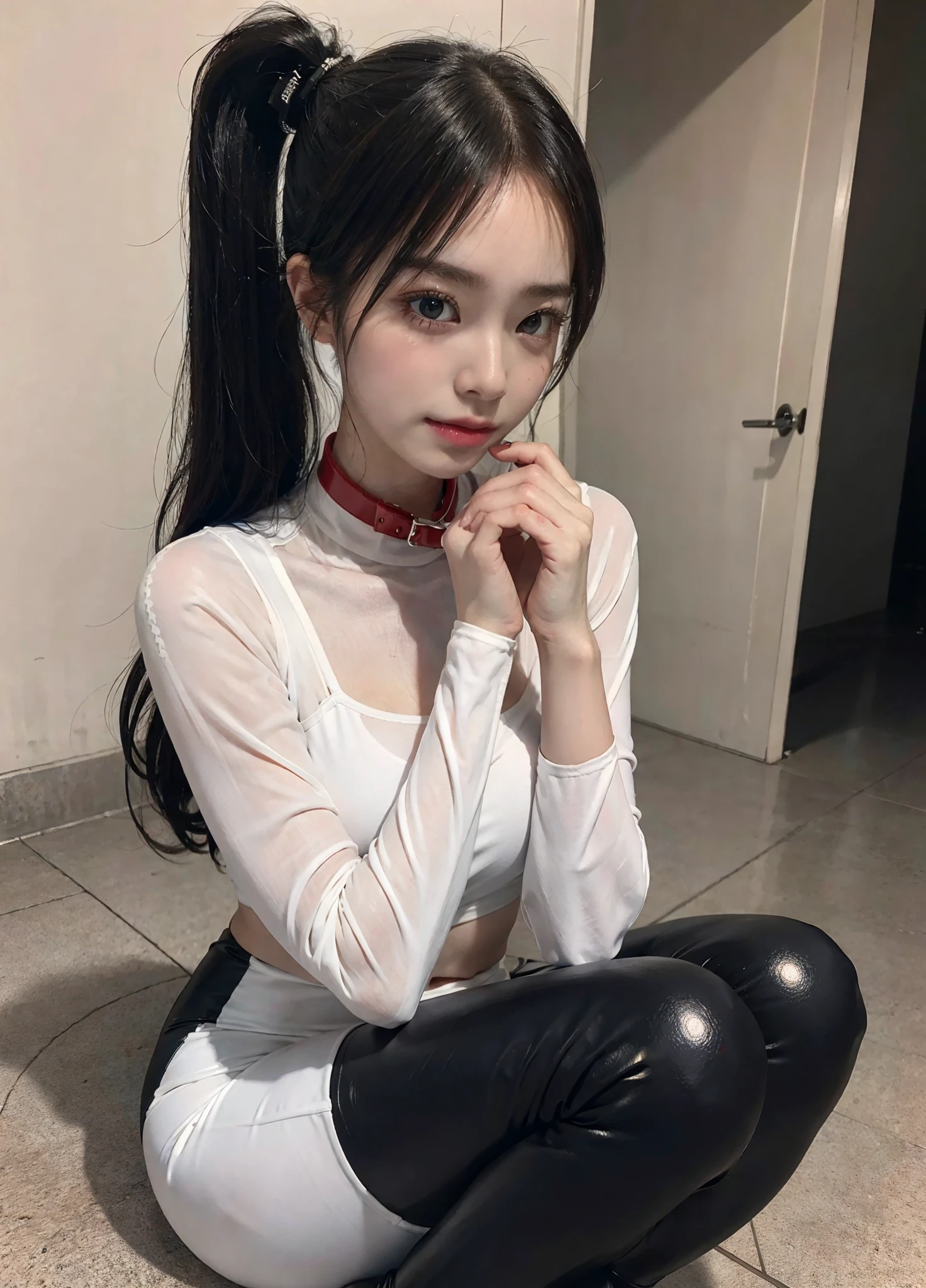 (1 girlirl:1.3),((Highly detailed eyes and face)),(((a ))),beatiful detailed eyes, is very beautiful, Best Masterpiece, best qualtiy, ultra fine photography, best qualtiy, hyper HD, stunningly beautiful, cute face, ssmile, eyes with brightness, boot, high-heels, Latex leggings that fit snugly to the body, , (metalcollar: 1.3), highly detailedskin, Sweat-Wet Skin,pony tails,Japan Beautiful Girl Idol,stares at the camera,8K UHD,digital SLR camera,high high quality,White skin of the,Glowing skin,Realism,(red gloss slip:1.2)Flame it up,stand posture,Twist your body,Poor posture,body soaking wet,Soaked with sweat
