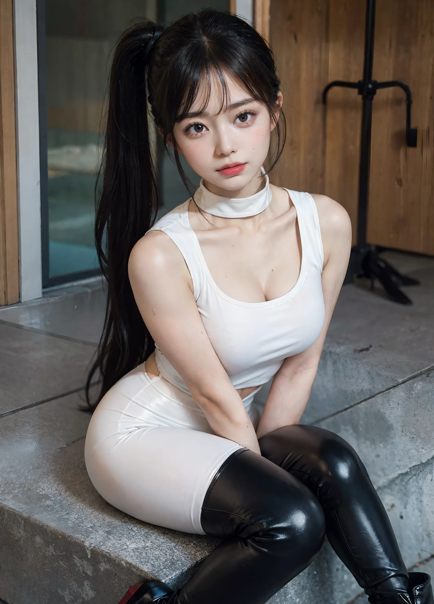 (1 girlirl:1.3),((Highly detailed eyes and face)),(((a baby face))),beatiful detailed eyes, is very beautiful, Best Masterpiece, best qualtiy, ultra fine photography, best qualtiy, hyper HD, stunningly beautiful, cute face, ssmile, eyes with brightness, boot, high-heels, Latex leggings that fit snugly to the body, , (metalcollar: 1.3), highly detailedskin, Sweat-Wet Skin,pony tails,Japan Beautiful Girl Idol,stares at the camera,8K UHD,digital SLR camera,high high quality,White skin of the,Glowing skin,Realism,(red gloss slip:1.2)Flame it up,stand posture,Twist your body,Poor posture,body soaking wet,Soaked with sweat