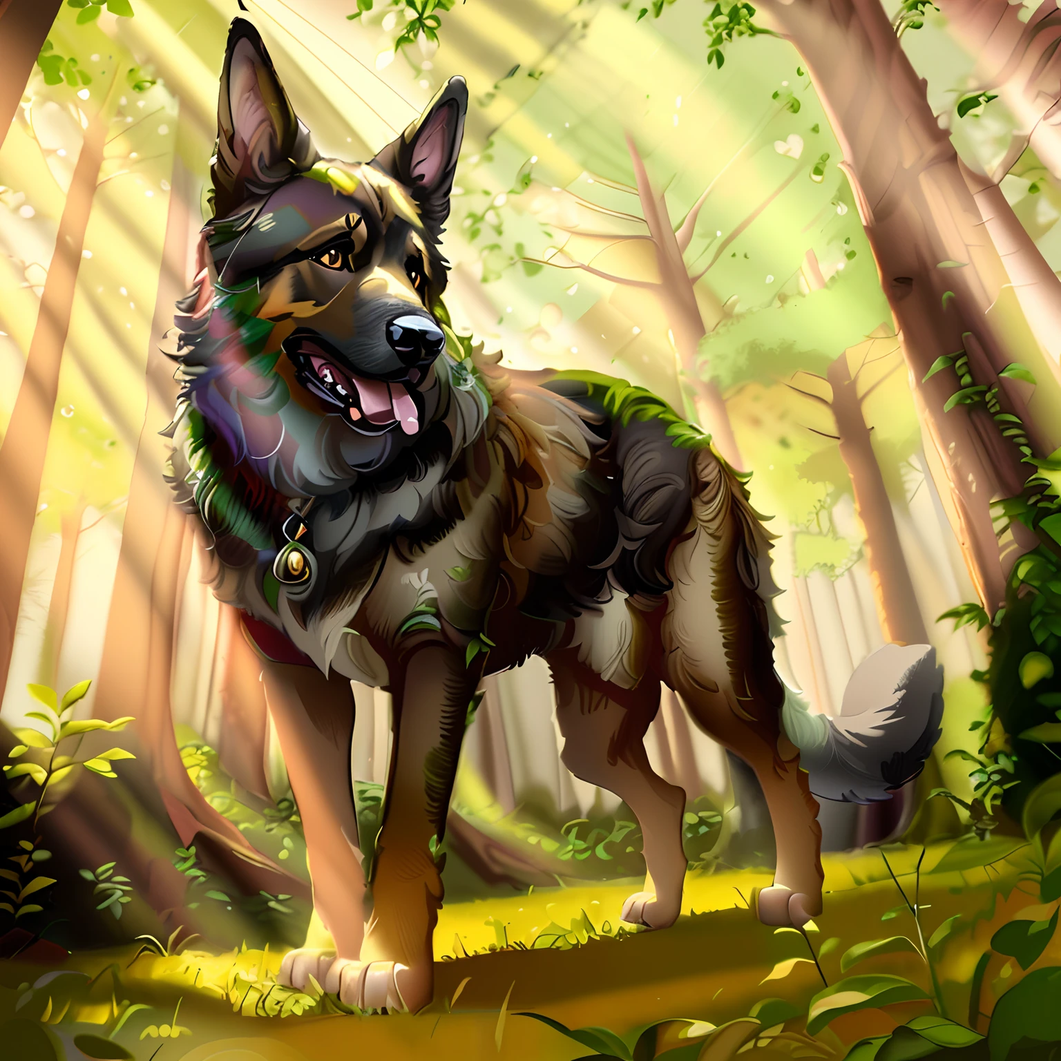 painting of a german shepherd dog in a forest with sunbeams, digital painting highly detailed, german shepherd, realistic illustration, by Kerembeyit, commission for high res, high quality portrait, highly detailed digital artwork, realistic fantasy illustration, portrait of forest gog, cute detailed digital art, by Otakar Kubín, highly detailed digital painting, very detailed digital painting