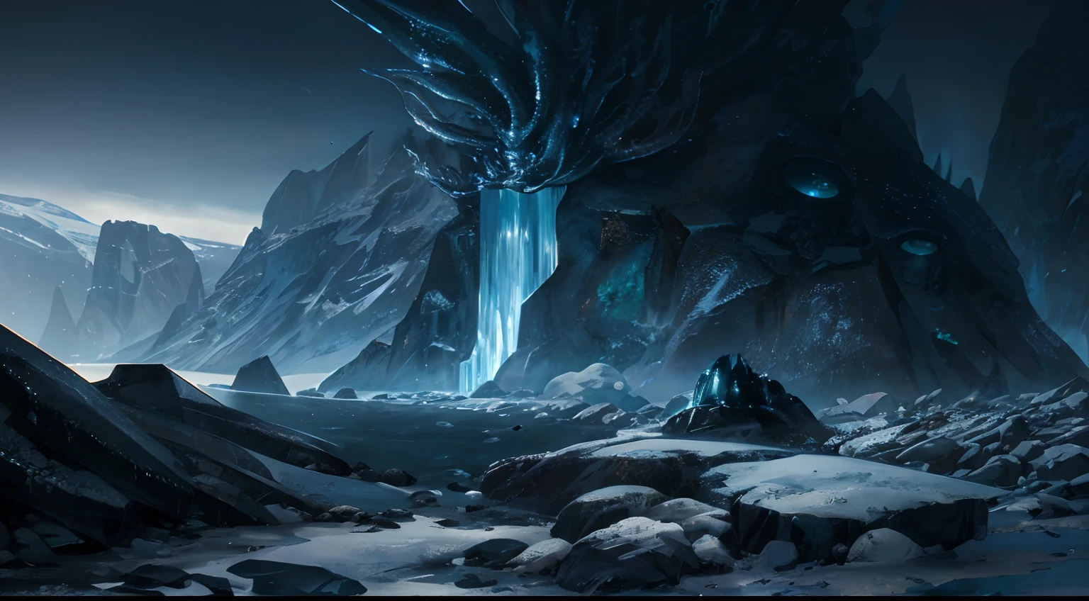 Dark landscape, author:Gold Lovecraft, Ice and rocks, Strange creatures with tentacles, alien creatures, Epic, Cthulhu style, Highly detached, Cornflower
