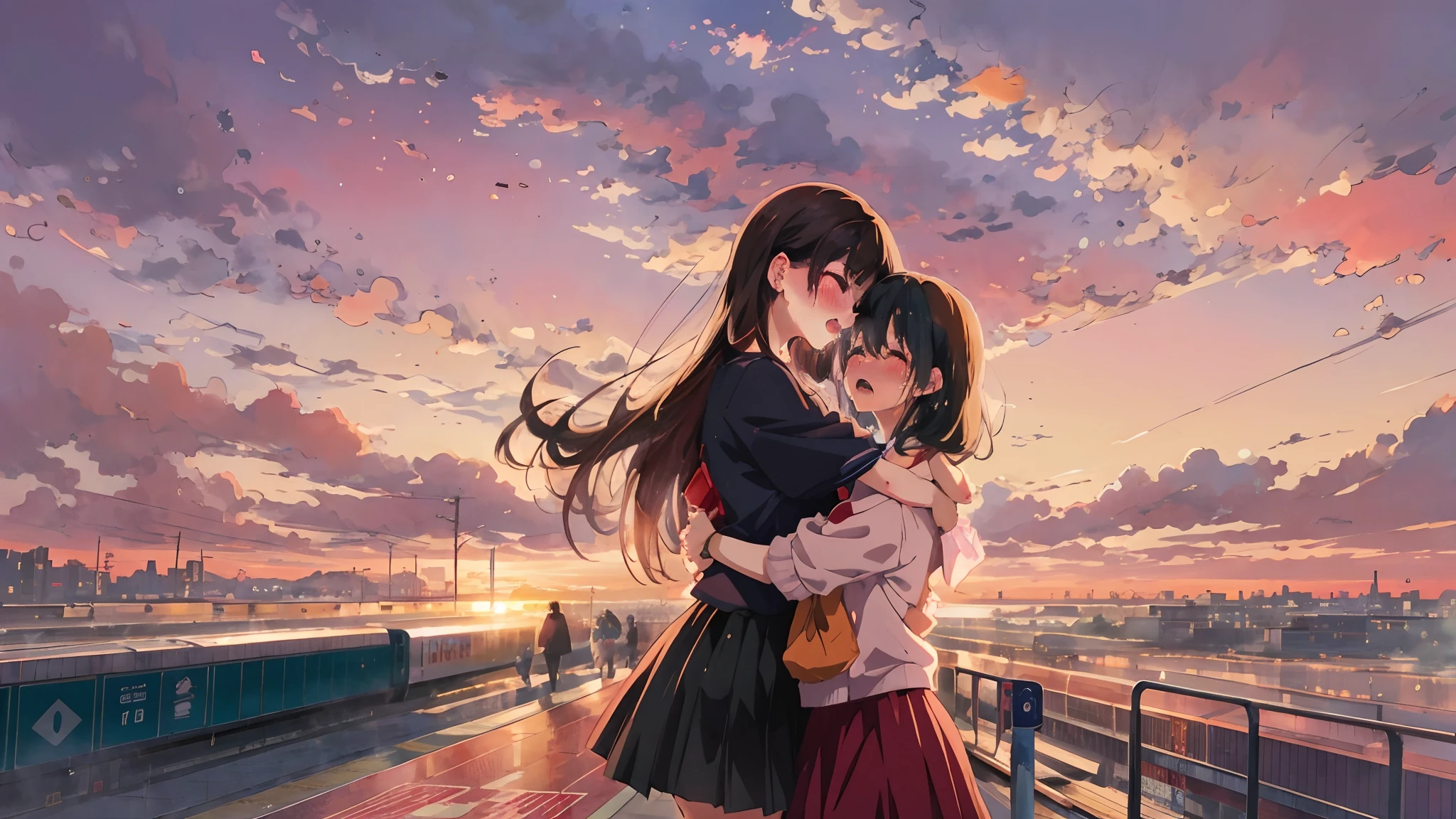 Two anime-style women hugging together on a train platform just before sunset, Long hair, 2girls, Multiple girls, skyporn, Outdoors, cloud, Black hair, Skirt, Crying