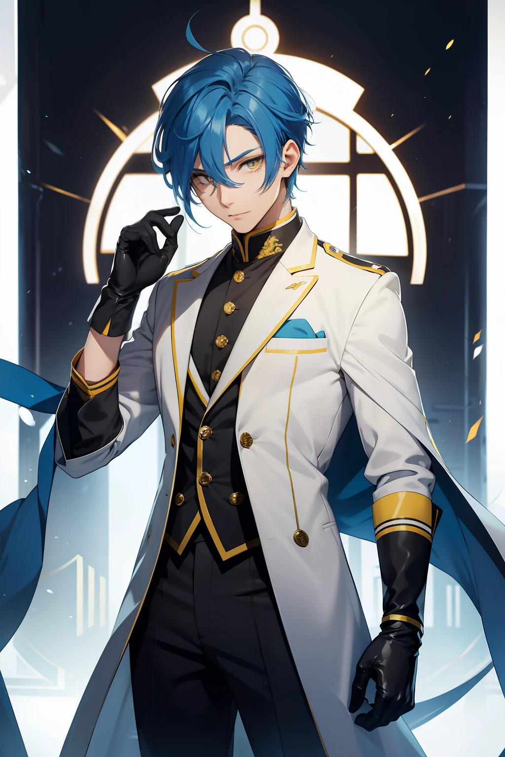 solo male, blue hair, yellow eyes, white gloves, Asian clothing, black pants, white gloves